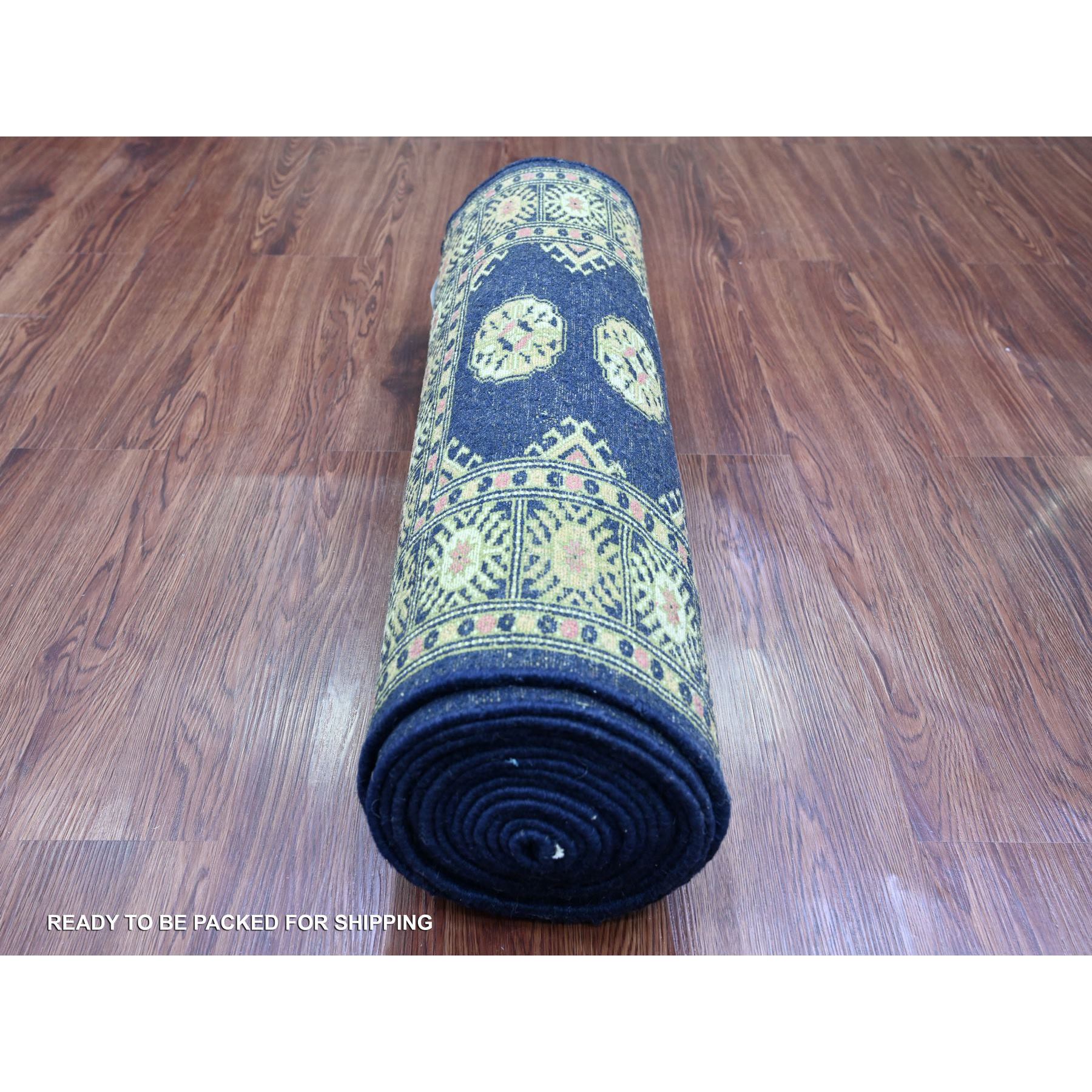 2'6"x16'10" Midnight Blue, Mori Bokara with Geometric Medallions Design, Soft Wool, Hand Knotted, XL Runner, Oriental Rug Sh20608