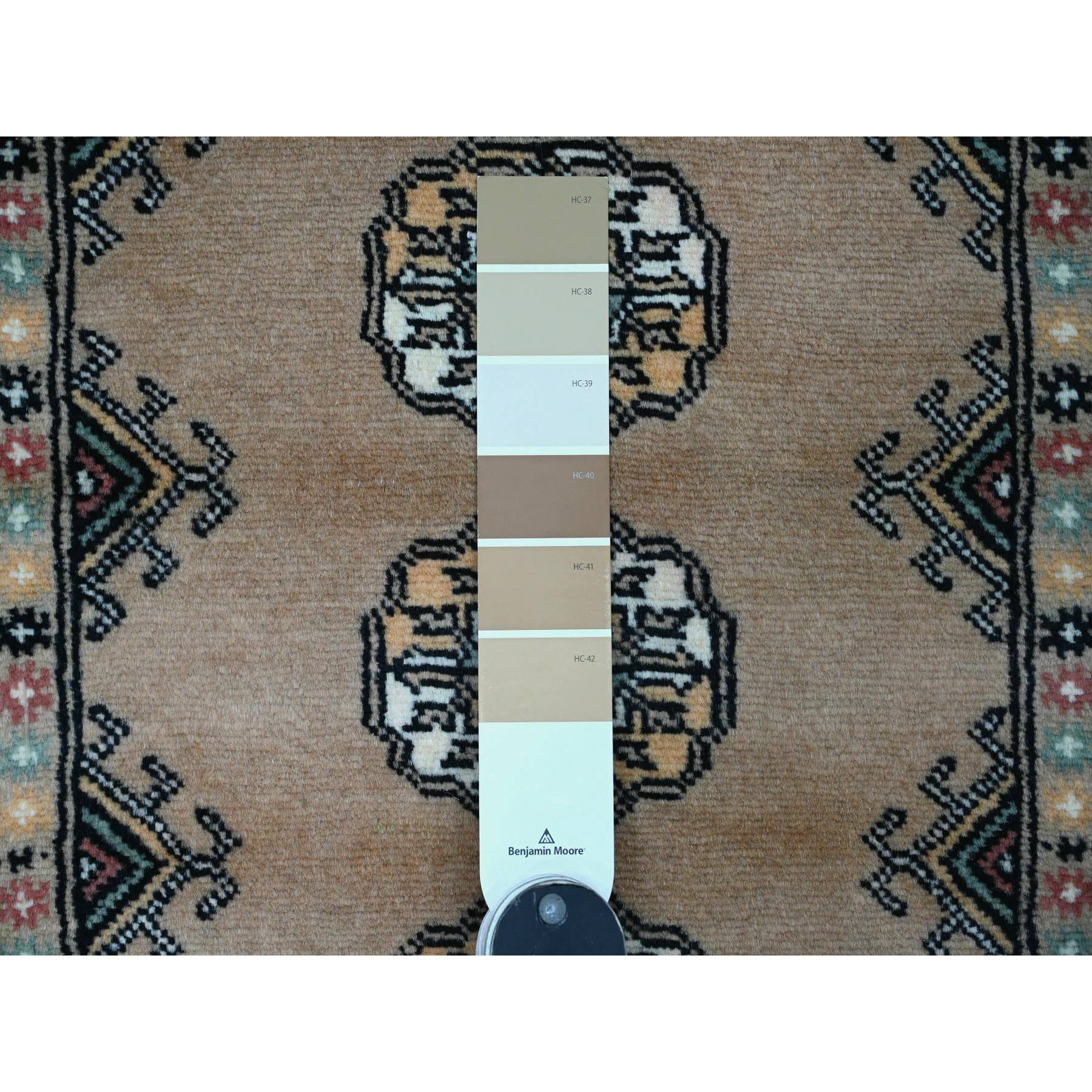 2'7"x12' Boulder White, Mori Bokara with Geometric Medallions Design, 100% Wool, Hand Knotted, Runner, Oriental Rug Sh20609