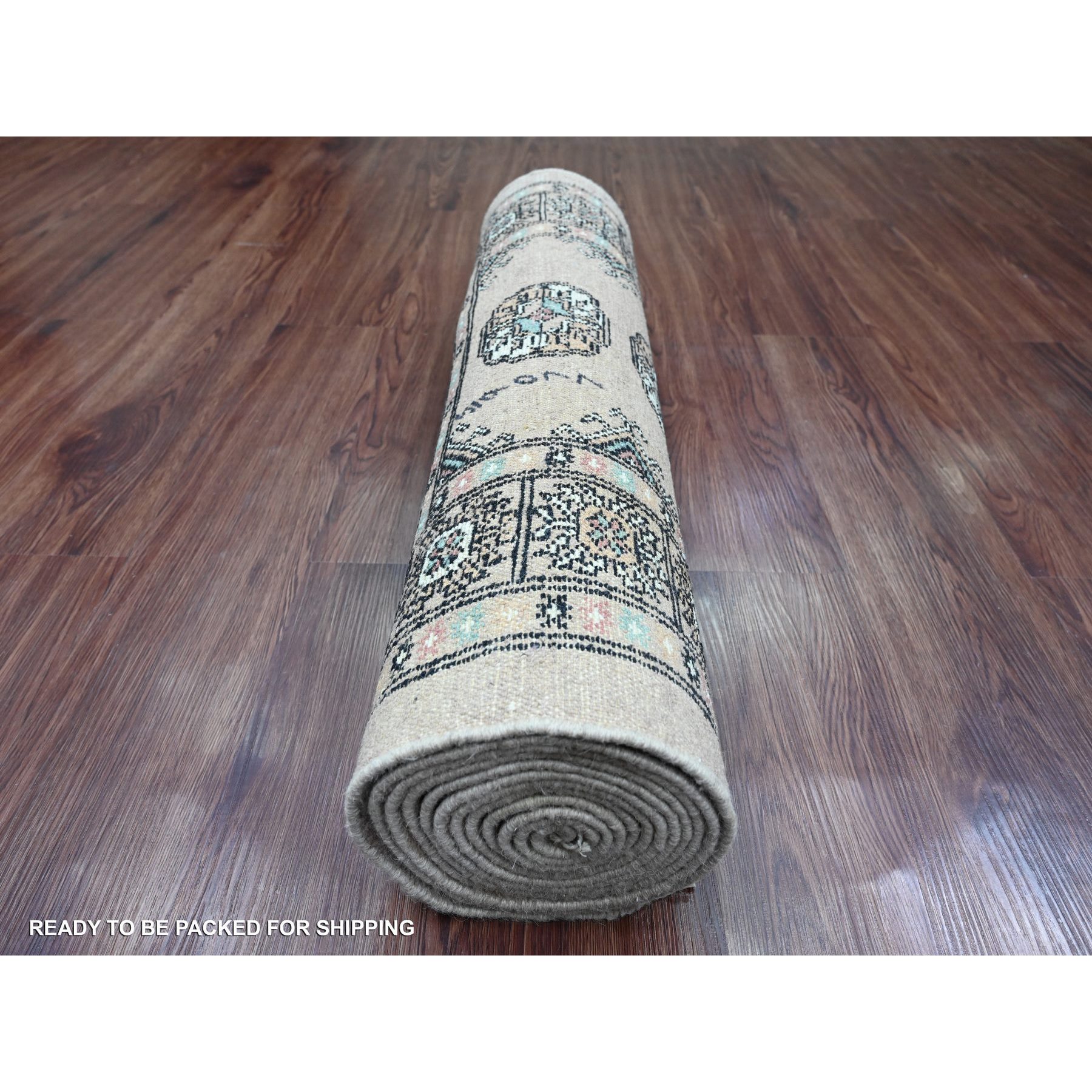 2'7"x12' Boulder White, Mori Bokara with Geometric Medallions Design, 100% Wool, Hand Knotted, Runner, Oriental Rug Sh20609