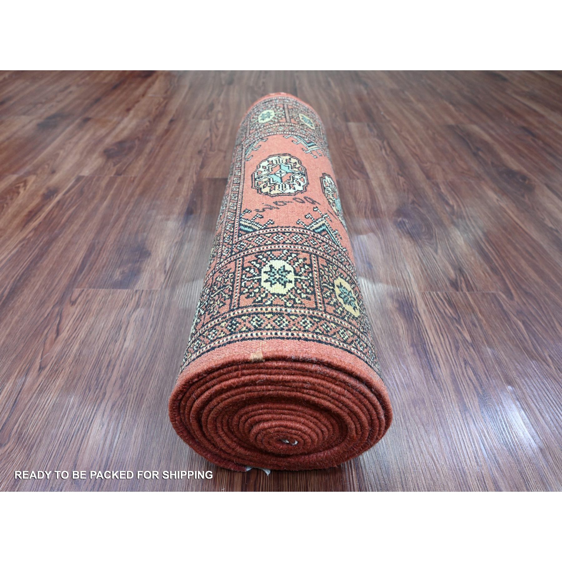 2'6"x19'7" Imperial Red, Hand Knotted, Mori Bokara with Geometric Medallions Design, Soft Wool, XL Runner, Oriental Rug Sh20610