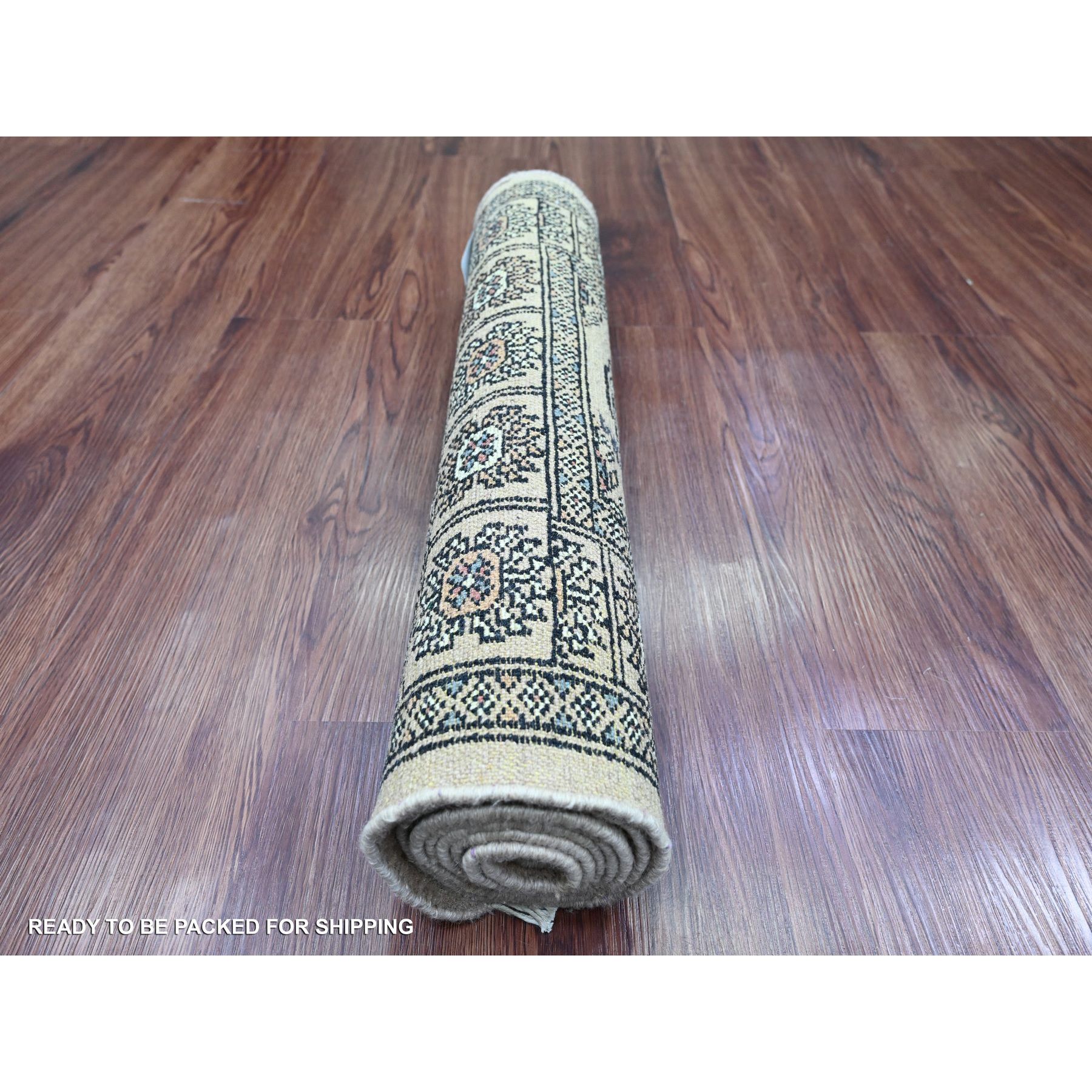 2'x6' Bone White, Mori Bokara with Geometric Medallions Design, Soft Wool, Hand Knotted, Runner, Oriental Rug Sh20611