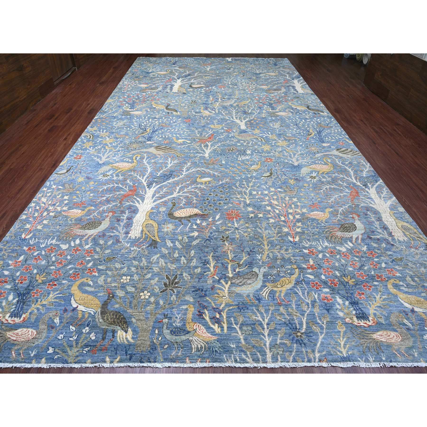 10'2"x18'5" Ruddy Blue, Afghan Peshawar with Birds of Paradise Design, Natural Dyes, Hand Knotted, Soft Wool, Gallery Size, Long and Narrow, Oriental Rug Sh20612