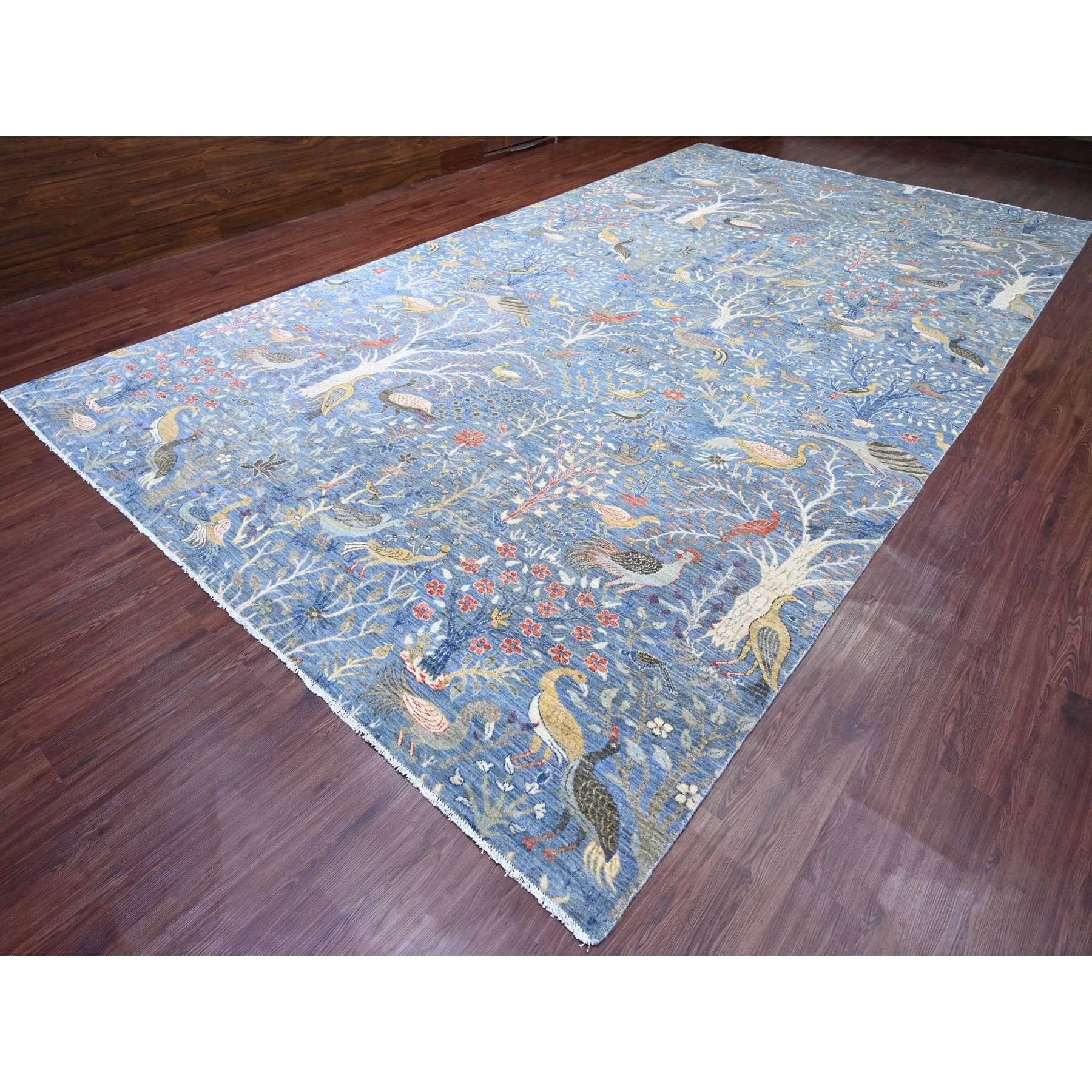 10'2"x18'5" Ruddy Blue, Afghan Peshawar with Birds of Paradise Design, Natural Dyes, Hand Knotted, Soft Wool, Gallery Size, Long and Narrow, Oriental Rug Sh20612
