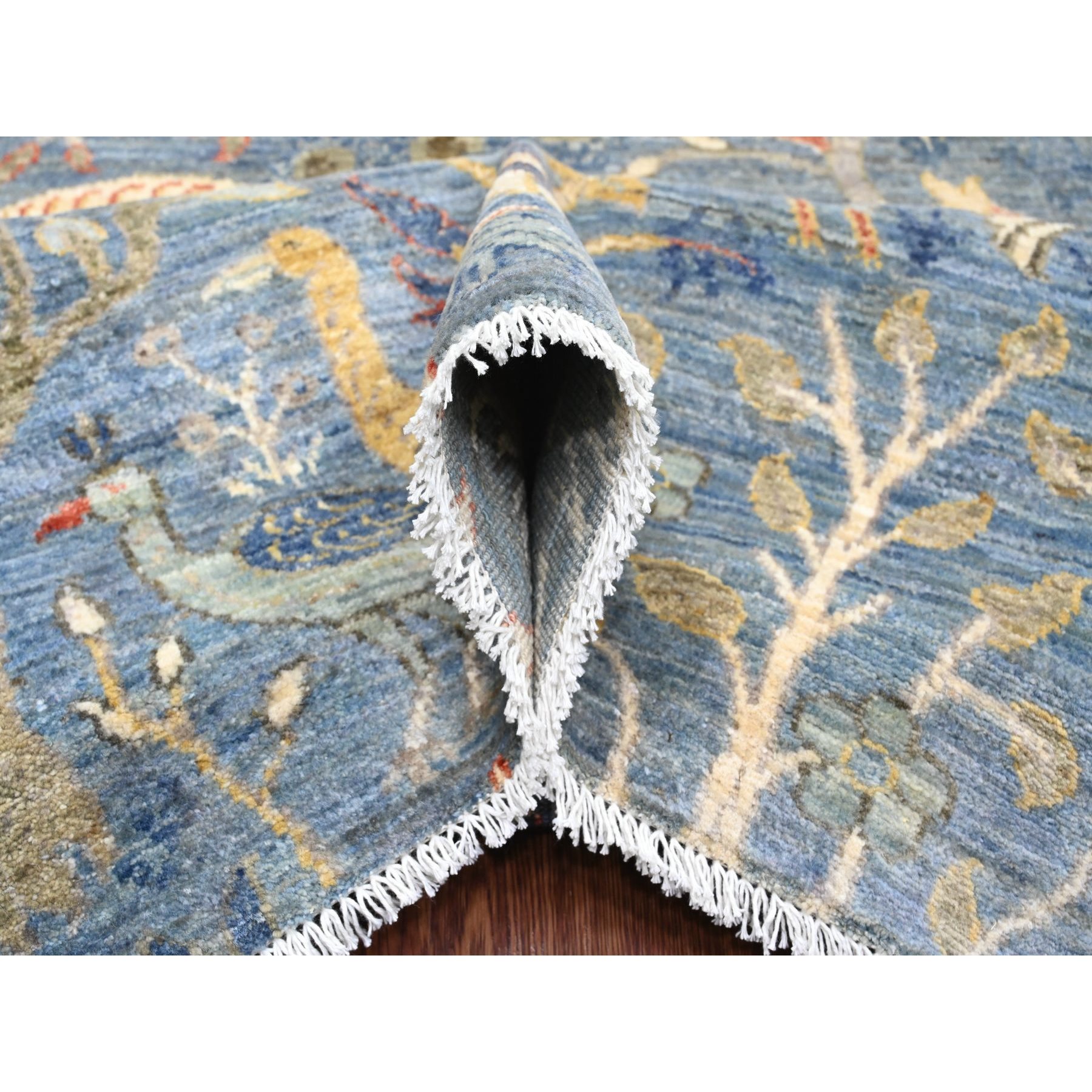 10'2"x18'5" Ruddy Blue, Afghan Peshawar with Birds of Paradise Design, Natural Dyes, Hand Knotted, Soft Wool, Gallery Size, Long and Narrow, Oriental Rug Sh20612