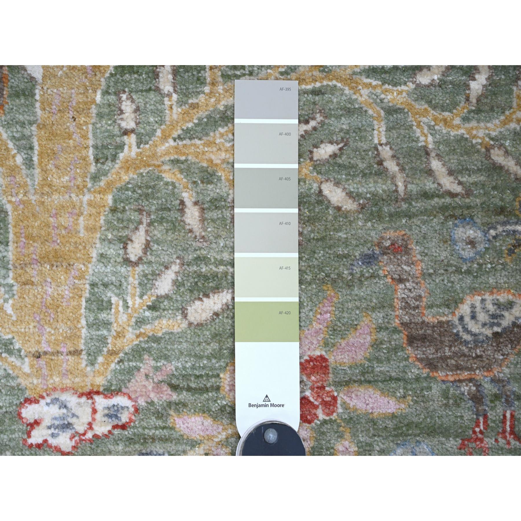 2'6"x21'9" Sage Green, Soft Wool, Afghan Peshawar with Birds of Paradise Design, Hand Knotted, Vegetable Dyes, XL Runner, Oriental Rug Sh20614