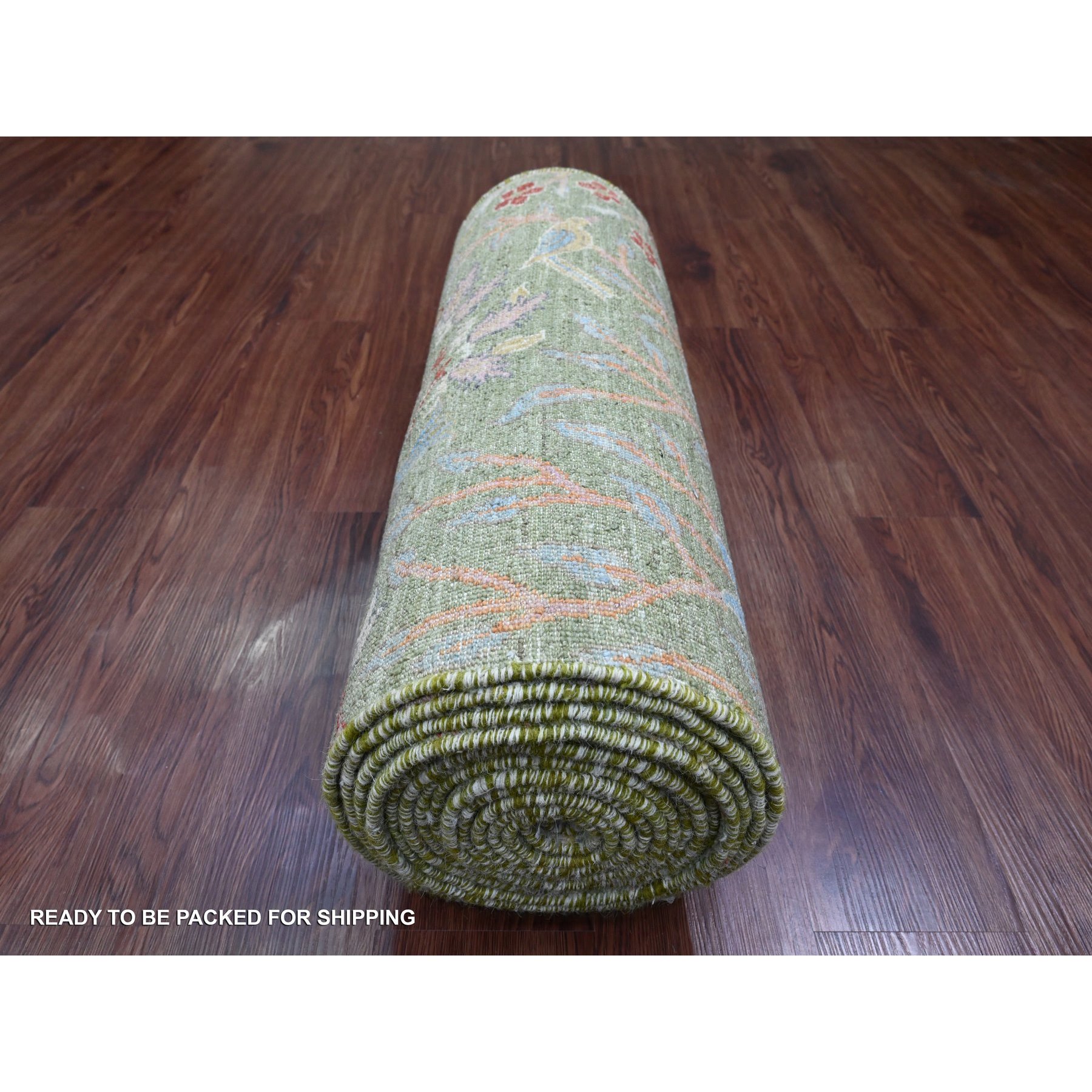 2'6"x21'9" Sage Green, Soft Wool, Afghan Peshawar with Birds of Paradise Design, Hand Knotted, Vegetable Dyes, XL Runner, Oriental Rug Sh20614