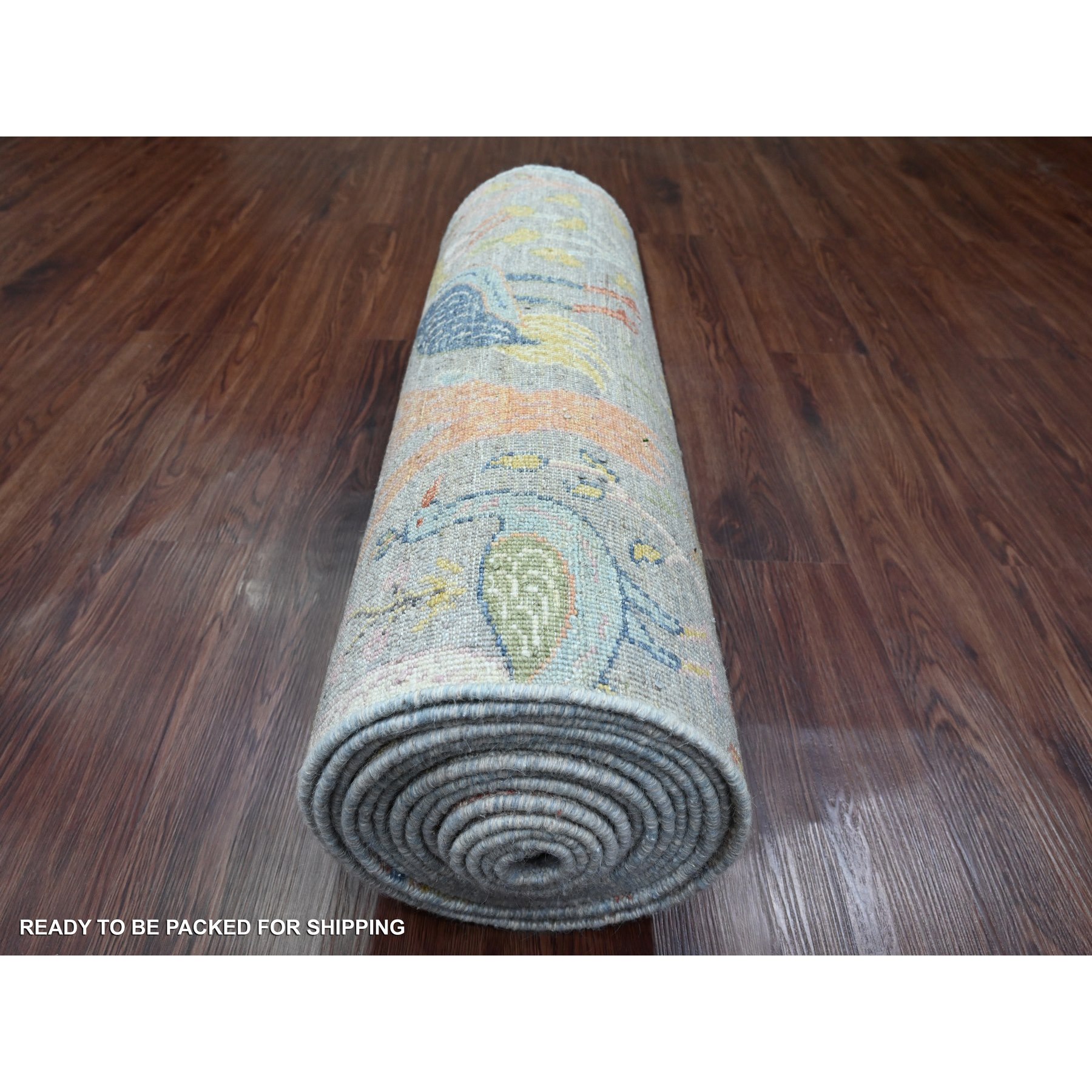 2'6"x20'2" Misty Gray, Afghan Peshawar with Birds of Paradise Design, Hand Knotted, Soft Wool, Vegetable Dyes, XL Runner, Oriental Rug Sh20615