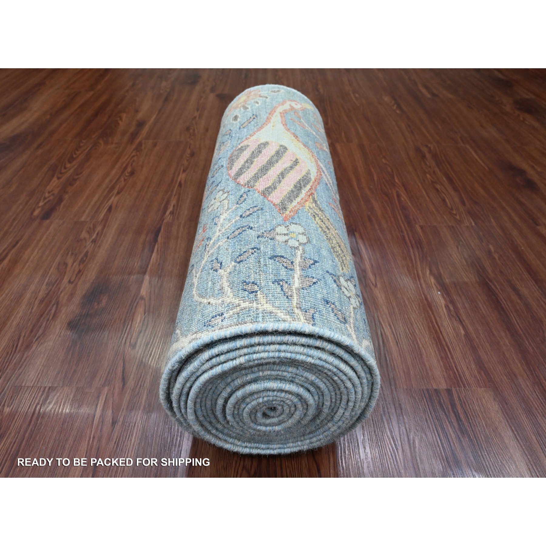 2'6"x25'4" Baby Blue, Afghan Peshawar with Birds of Paradise Design, Soft Wool, Vegetable Dyes, Hand Knotted, XL Runner, Oriental Rug Sh20616