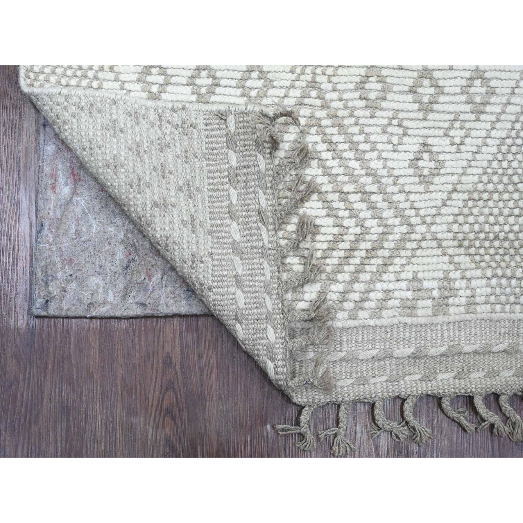 2'5"x14'3" Bone White, Moroccan Weave with Geometric Design, Hand Knotted, Soft Wool, Tone on Tone, Textured Pile, Runner, Oriental Rug Sh20617