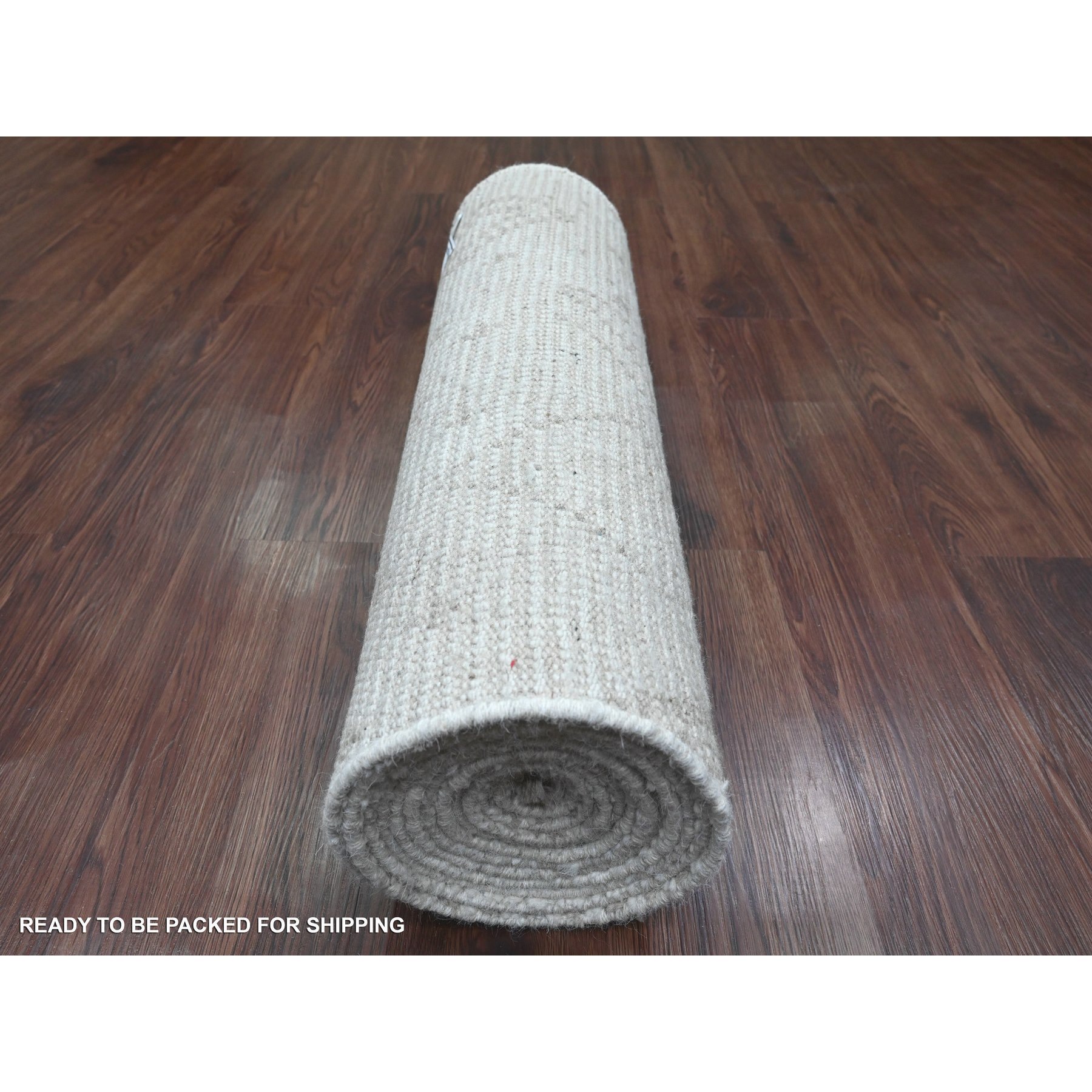 2'5"x14'3" Bone White, Moroccan Weave with Geometric Design, Hand Knotted, Soft Wool, Tone on Tone, Textured Pile, Runner, Oriental Rug Sh20617