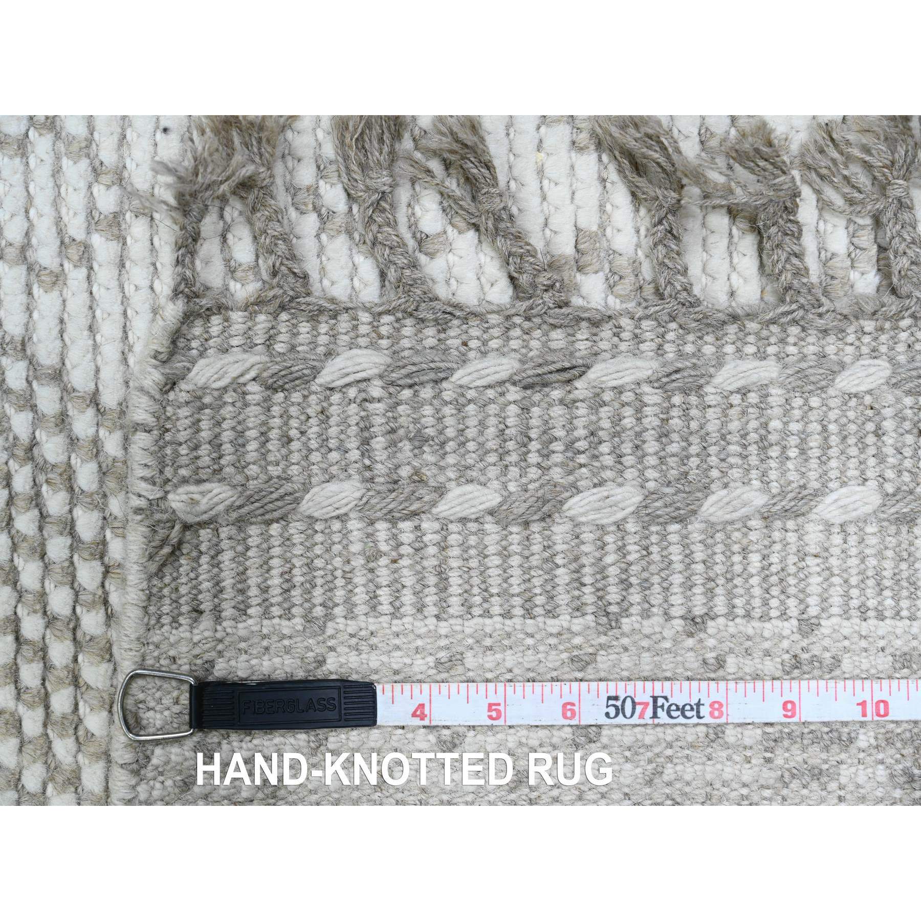 2'5"x14'3" Bone White, Moroccan Weave with Geometric Design, Hand Knotted, Soft Wool, Tone on Tone, Textured Pile, Runner, Oriental Rug Sh20617