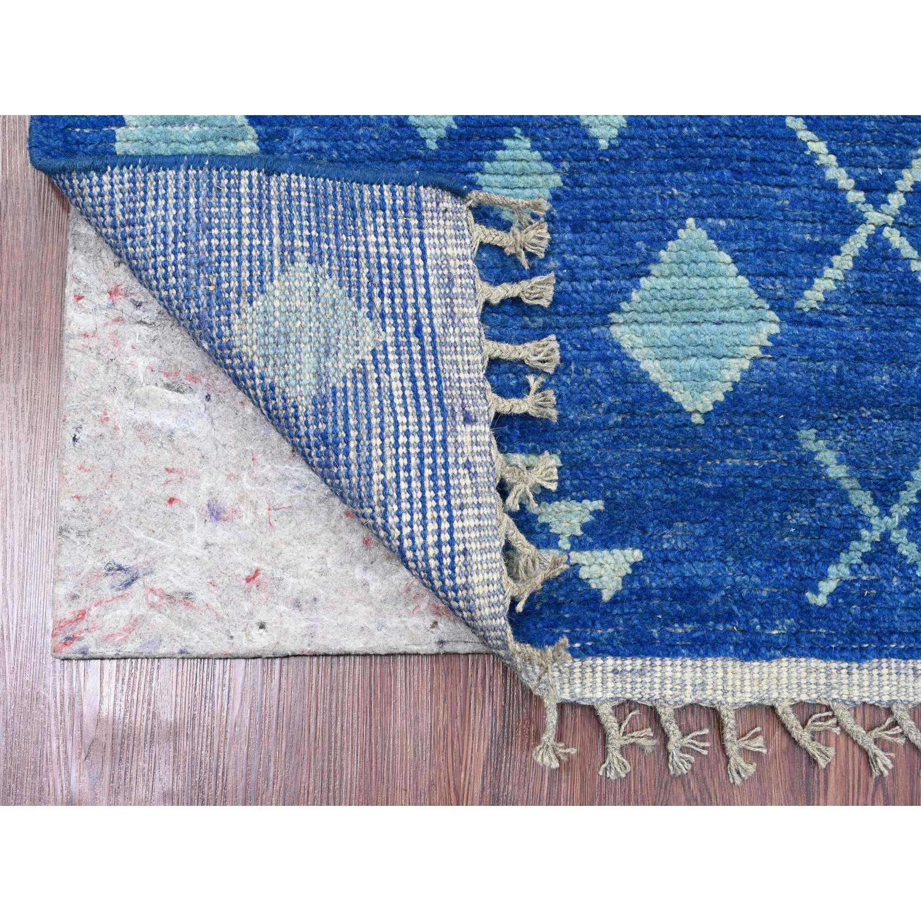 2'8"x10'5" Cobalt Blue, Moroccan Weave with Geometric Pattern, Soft Wool, Hand Knotted, Tone on Tone, Textured Pile, Runner, Oriental Rug Sh20618