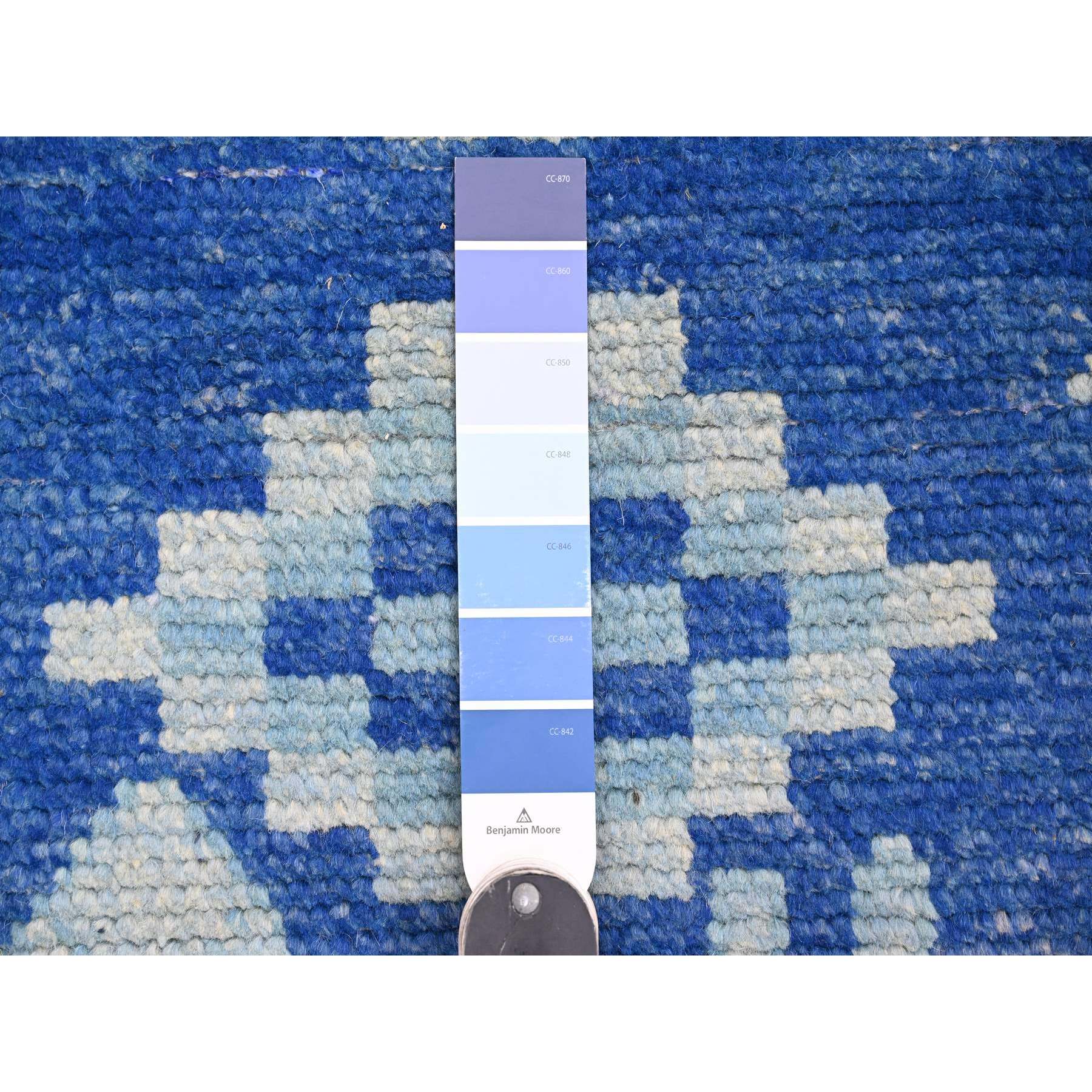 2'8"x10'5" Cobalt Blue, Moroccan Weave with Geometric Pattern, Soft Wool, Hand Knotted, Tone on Tone, Textured Pile, Runner, Oriental Rug Sh20618