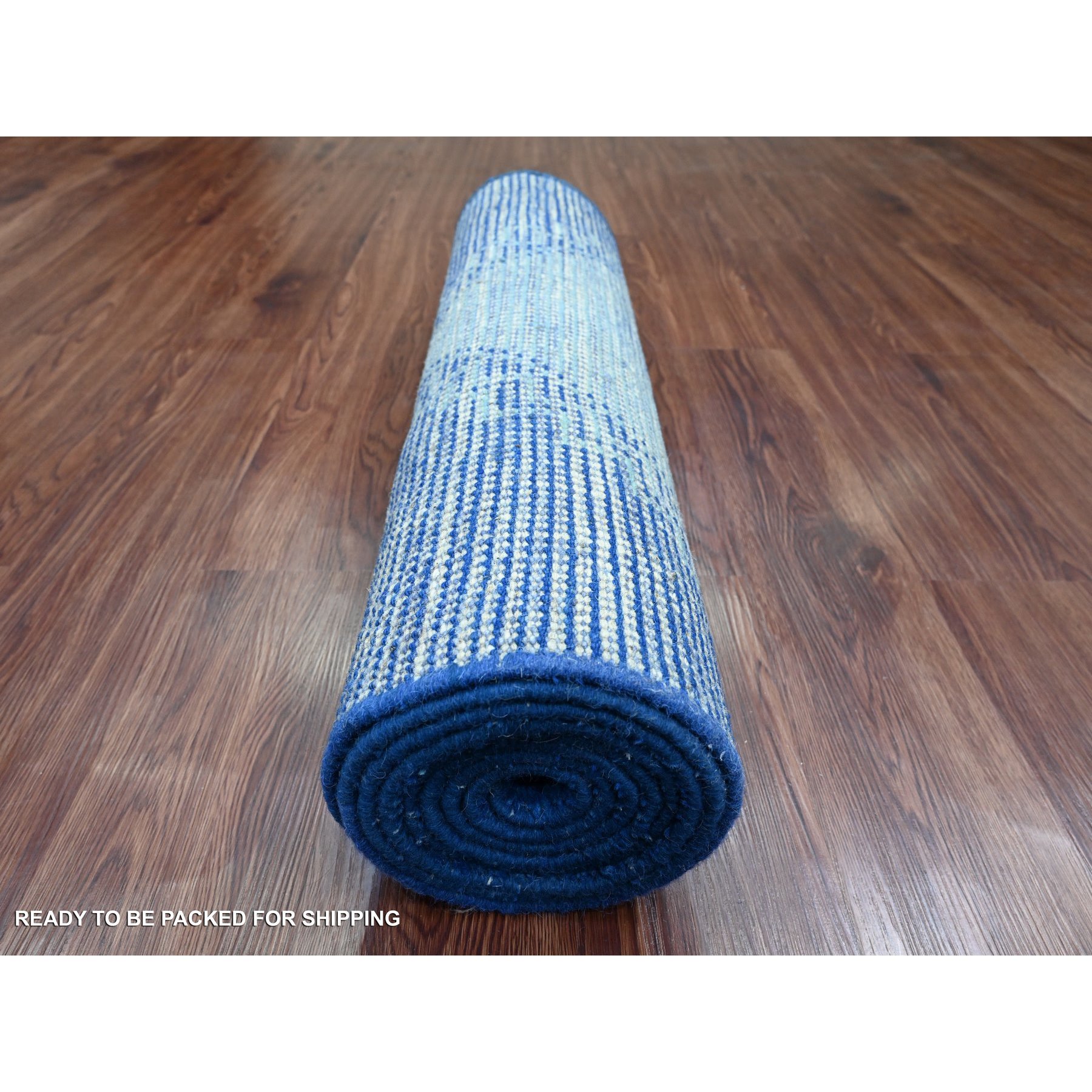2'8"x10'5" Cobalt Blue, Moroccan Weave with Geometric Pattern, Soft Wool, Hand Knotted, Tone on Tone, Textured Pile, Runner, Oriental Rug Sh20618