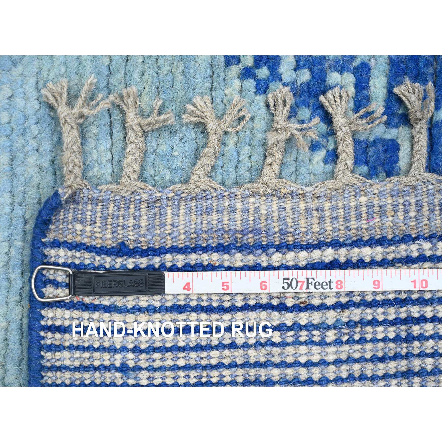 2'8"x10'5" Cobalt Blue, Moroccan Weave with Geometric Pattern, Soft Wool, Hand Knotted, Tone on Tone, Textured Pile, Runner, Oriental Rug Sh20618