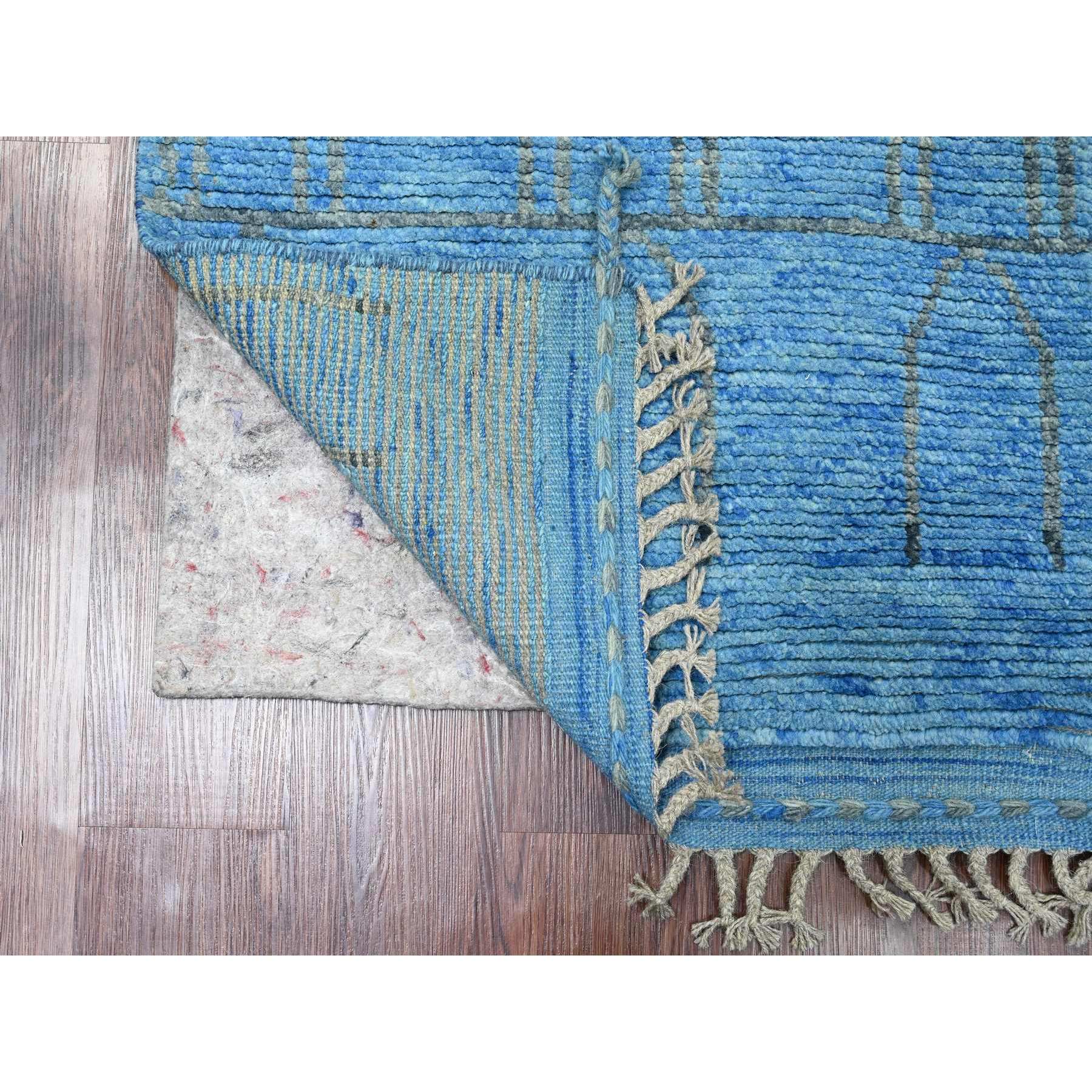2'5"x10'3" Bayern Blue, Hand Knotted, Moroccan Weave with Geometric Pattern, Soft Wool, Tone on Tone, Textured Pile, Runner, Oriental Rug Sh20620