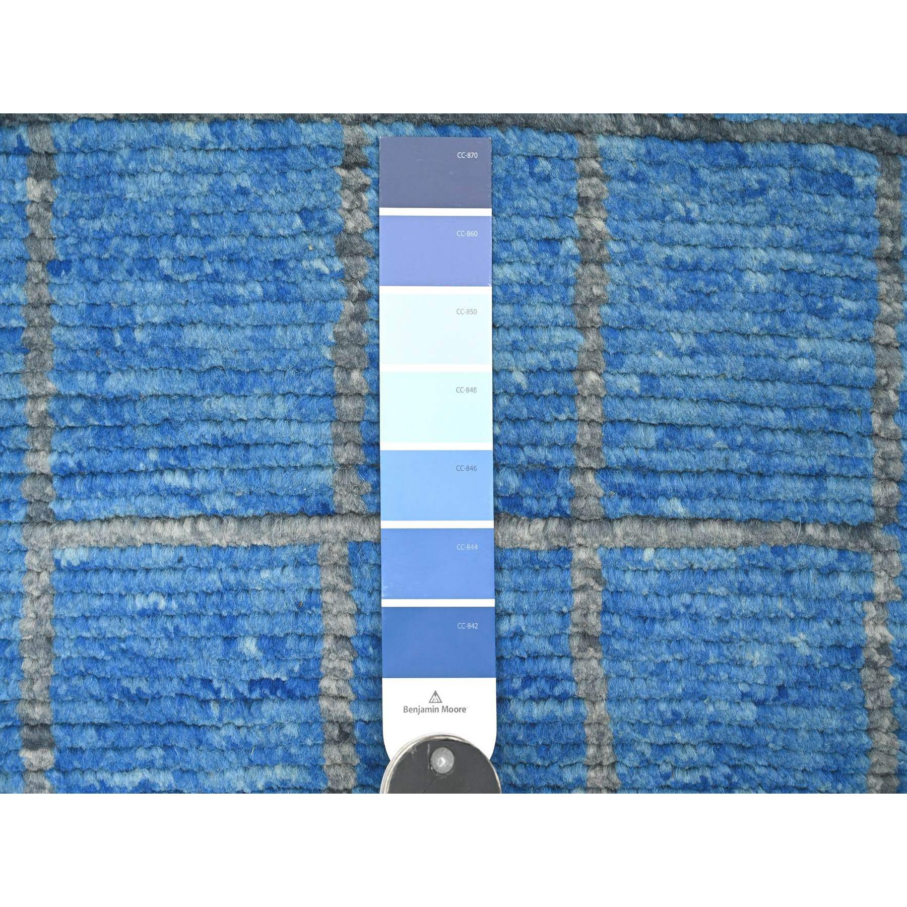 2'5"x10'3" Bayern Blue, Hand Knotted, Moroccan Weave with Geometric Pattern, Soft Wool, Tone on Tone, Textured Pile, Runner, Oriental Rug Sh20620