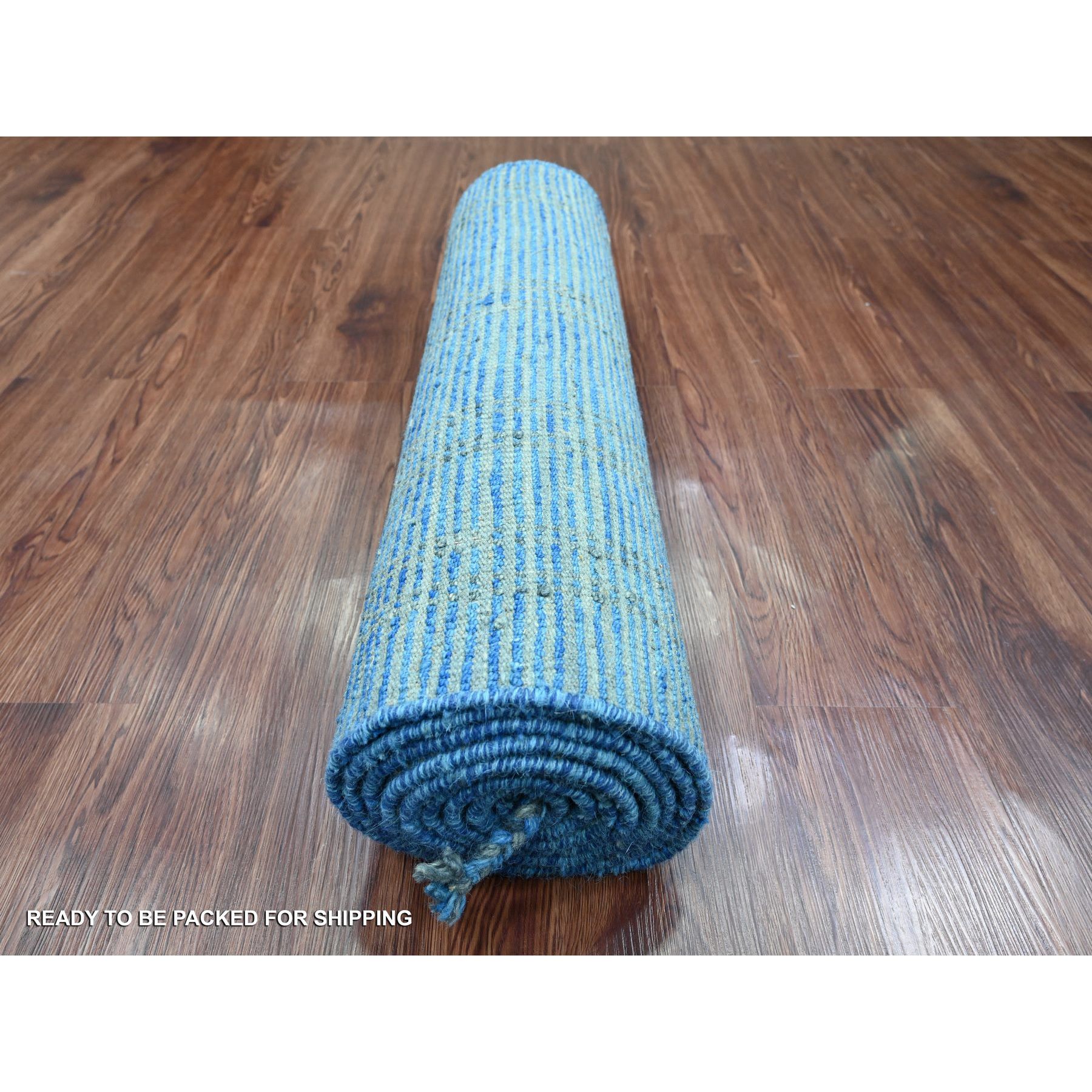 2'5"x10'3" Bayern Blue, Hand Knotted, Moroccan Weave with Geometric Pattern, Soft Wool, Tone on Tone, Textured Pile, Runner, Oriental Rug Sh20620