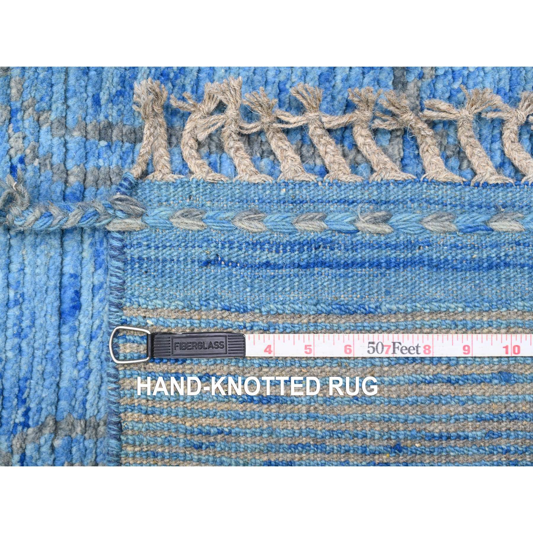 2'5"x10'3" Bayern Blue, Hand Knotted, Moroccan Weave with Geometric Pattern, Soft Wool, Tone on Tone, Textured Pile, Runner, Oriental Rug Sh20620