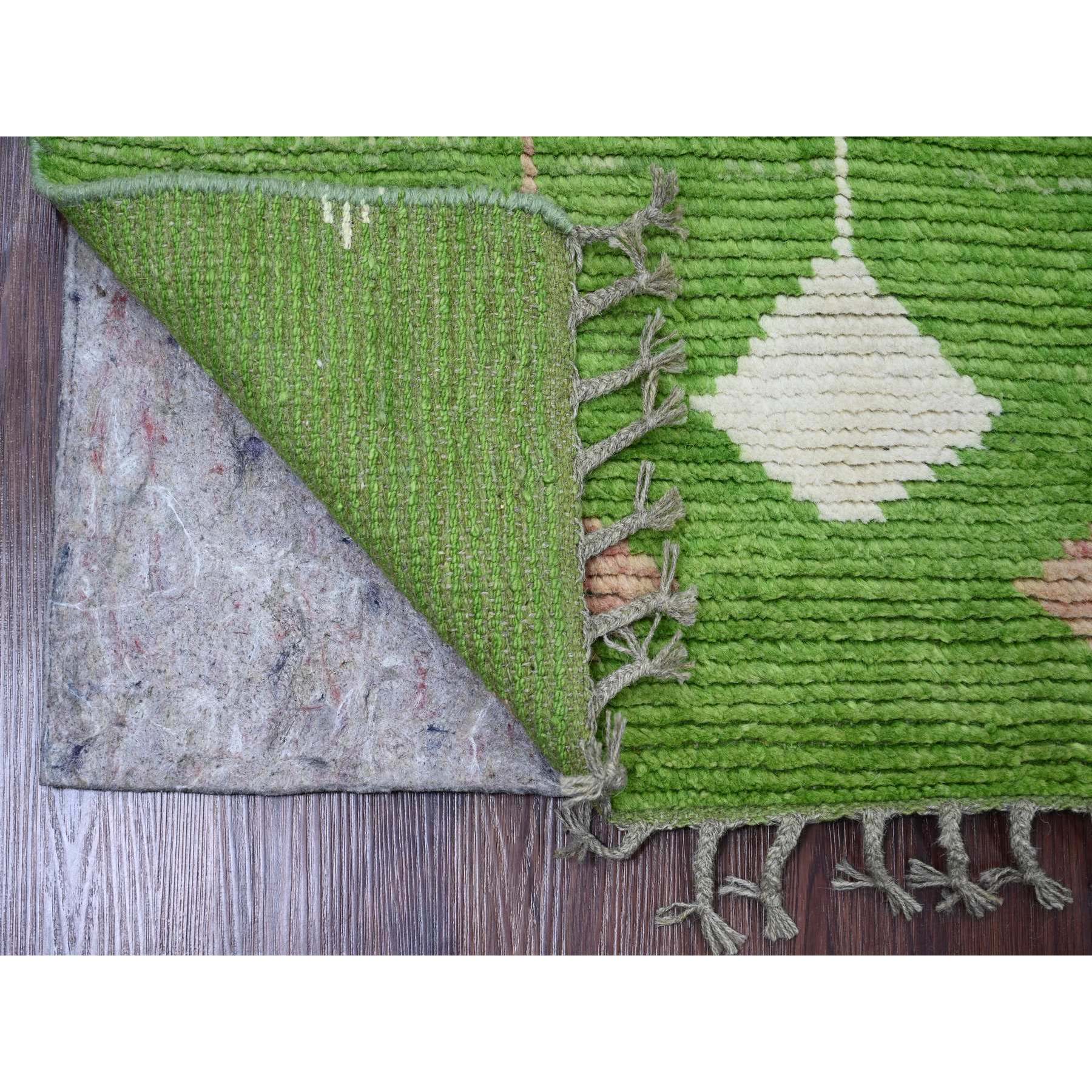 2'5"x9' Pear Green, Moroccan Weave with Geometric Design, Soft Wool, Hand Knotted, Tone on Tone, Textured Pile, Runner, Oriental Rug Sh20621
