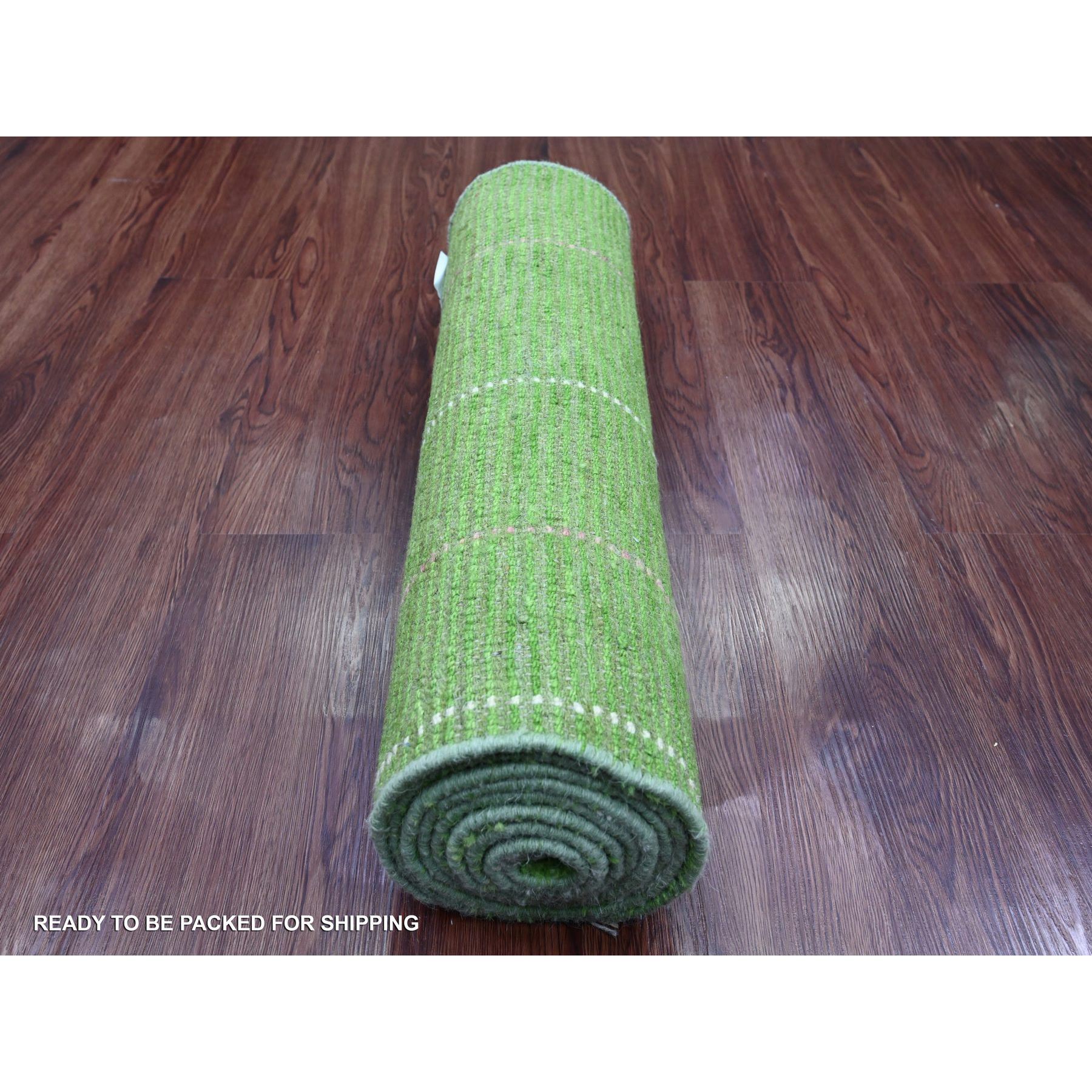 2'5"x9' Pear Green, Moroccan Weave with Geometric Design, Soft Wool, Hand Knotted, Tone on Tone, Textured Pile, Runner, Oriental Rug Sh20621
