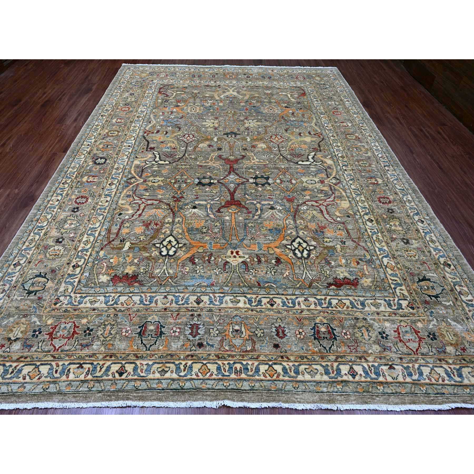9'x12'1" Khaki Brown, Aryana Grade, Bijar Garus with Antique Persian Design, Peshawar, High Mountain Wool, Vegetable Dyes, Hand Knotted, Oriental Rug Sh20625