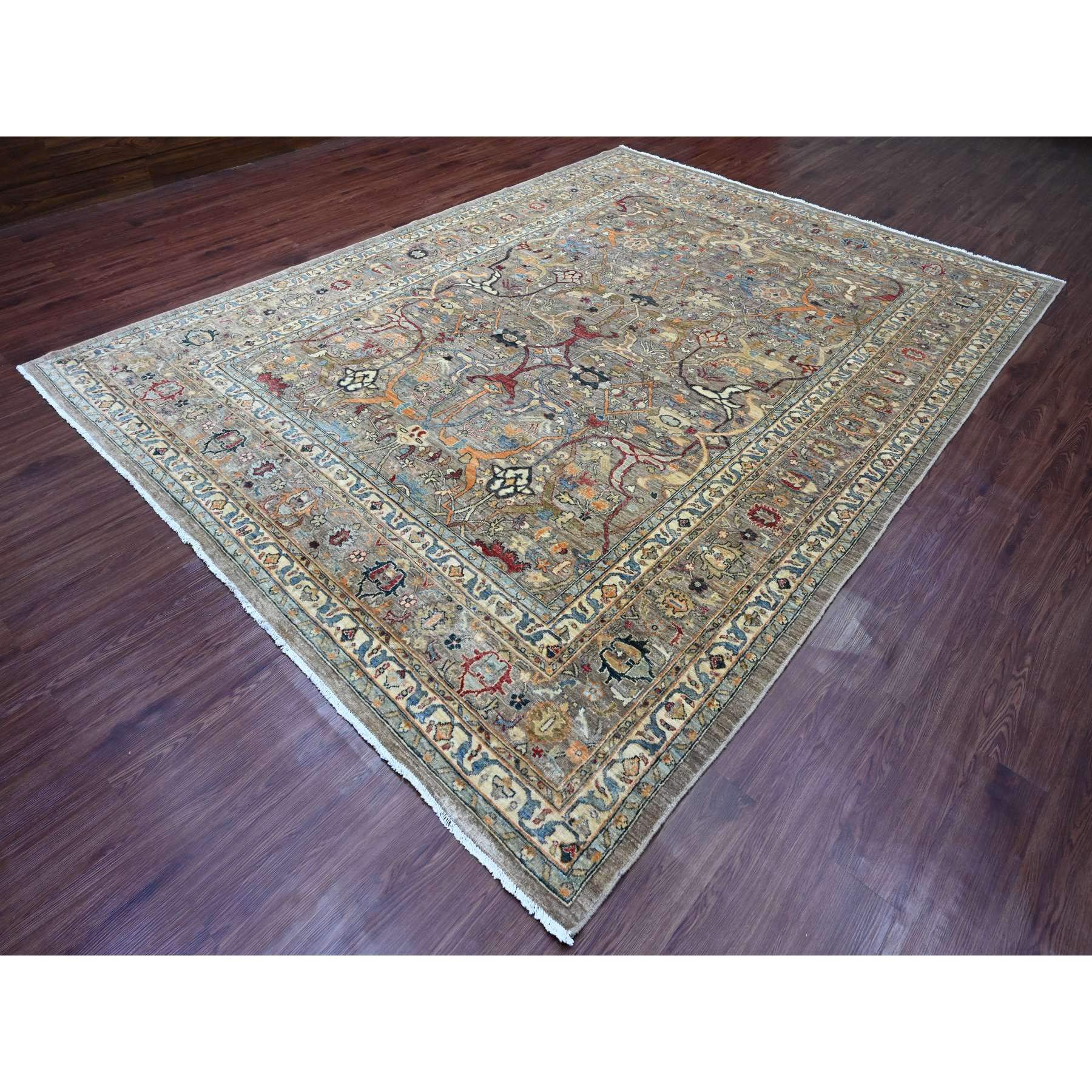9'x12'1" Khaki Brown, Aryana Grade, Bijar Garus with Antique Persian Design, Peshawar, High Mountain Wool, Vegetable Dyes, Hand Knotted, Oriental Rug Sh20625