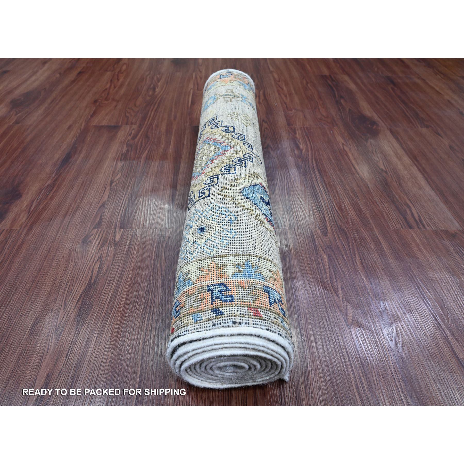 2'7"x9'8" Chiffon White, Aryana Collection, All Over Caucasian Gul Motifs, High Mountain Wool, Hand Knotted, Vegetable Dyes, Runner, Oriental Rug Sh20632