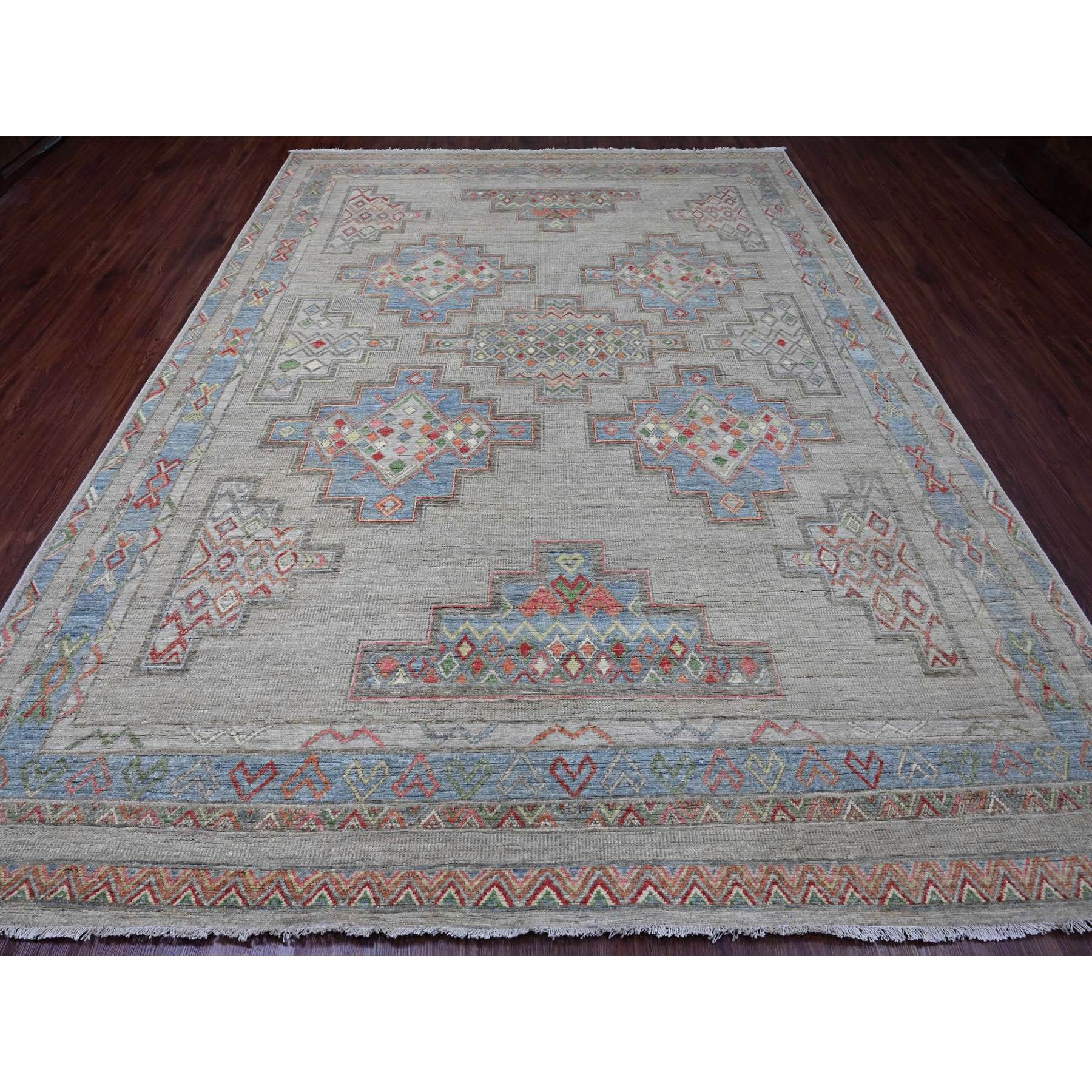 8'8"x11'8" Bone White, Peshawar with Berber Influence, Geometric Design, Denser Weave, High Mountain Wool, Hand Knotted, Oriental Rug Sh20636