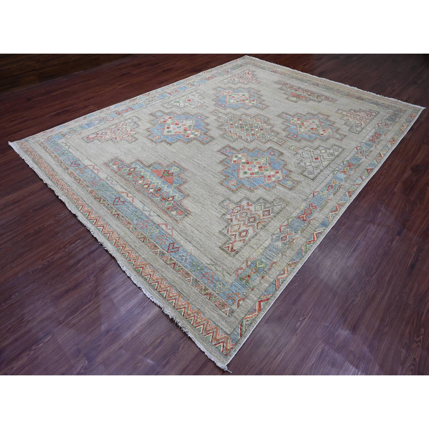 8'8"x11'8" Bone White, Peshawar with Berber Influence, Geometric Design, Denser Weave, High Mountain Wool, Hand Knotted, Oriental Rug Sh20636