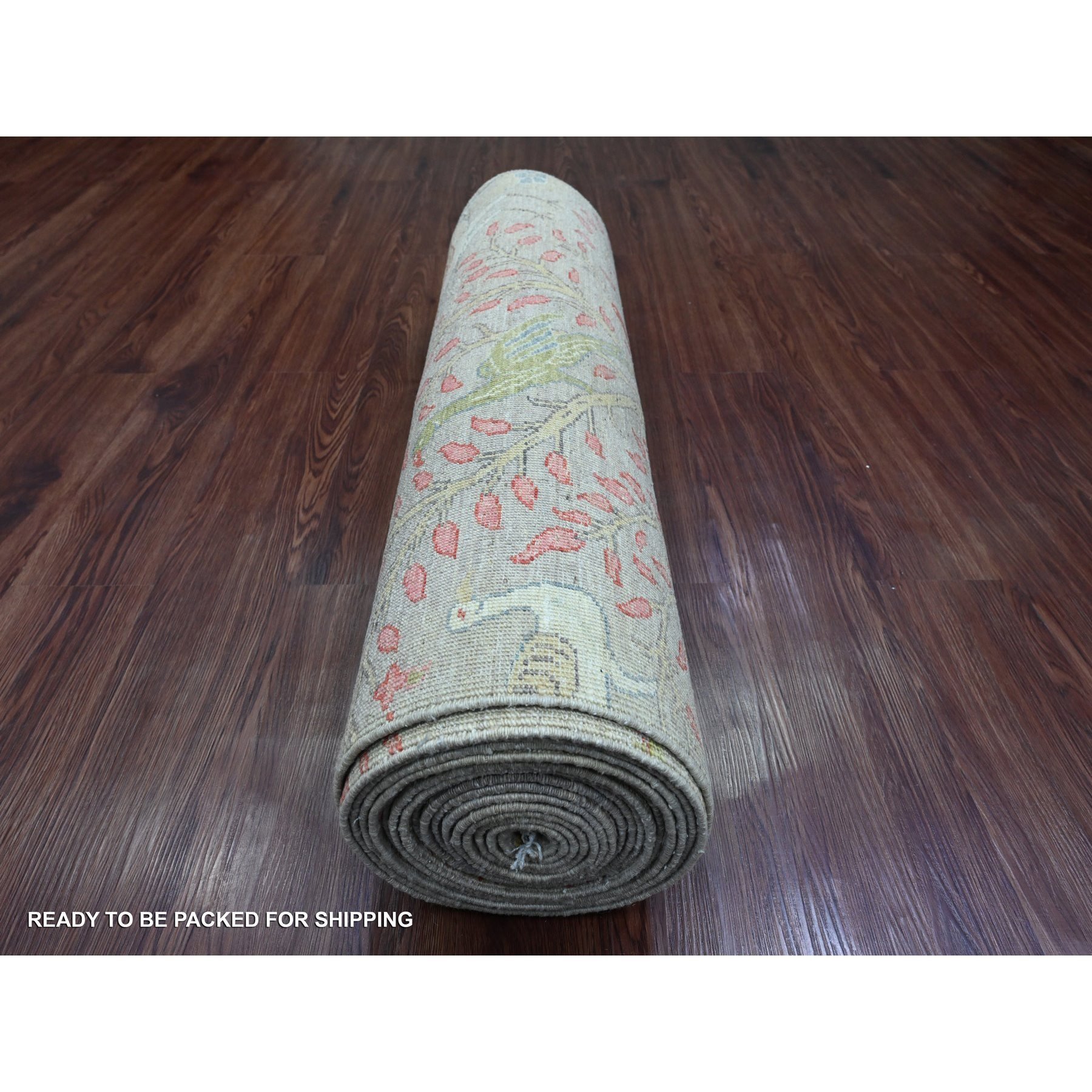 3'x23'10" Dark Vanilla Brown, Afghan Peshawar with Birds of Paradise Design, Soft Wool, Hand Knotted, Natural Dyes, XL Runner, Oriental Rug Sh20639