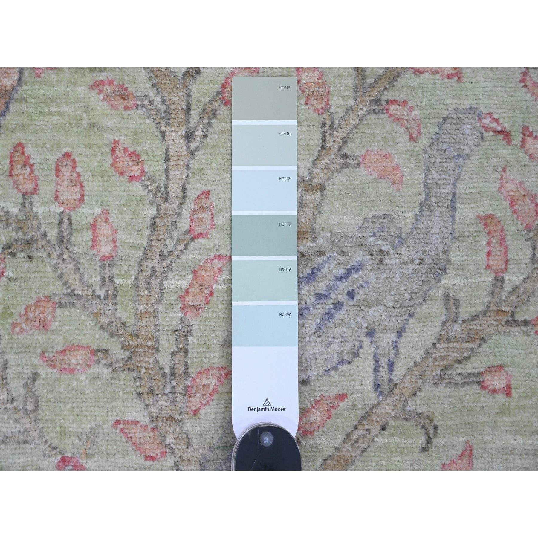 2'7"x11'9" Mint Green, Afghan Peshawar with Birds of Paradise Design, Hand Knotted, Soft Wool, Vegetable Dyes, Runner, Oriental Rug Sh20640