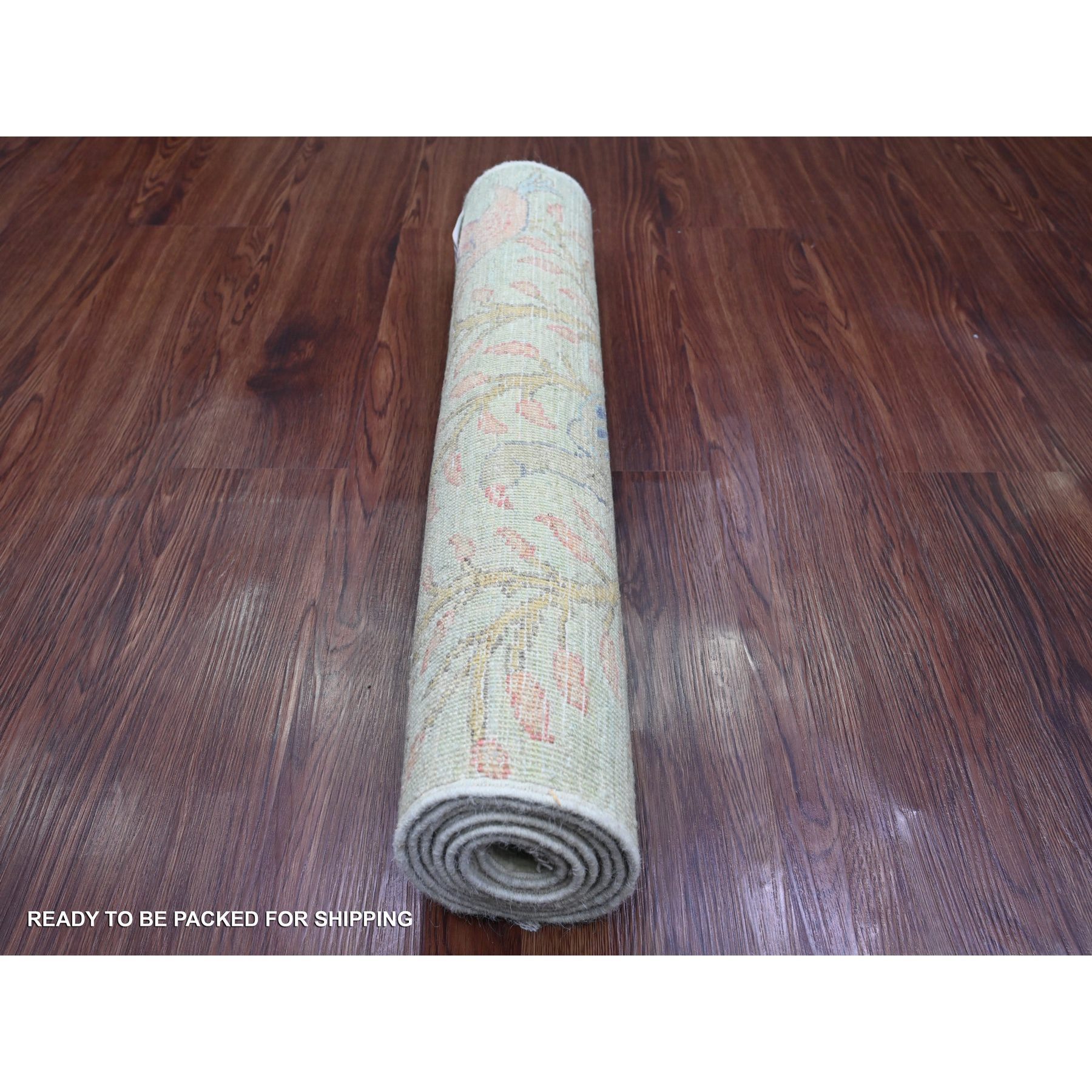 2'6"x5'7" Laurel Green, Hand Knotted, Afghan Peshawar with Birds of Paradise Design, Soft Wool, Veggie Dyes, Short Runner, Oriental Rug Sh20641