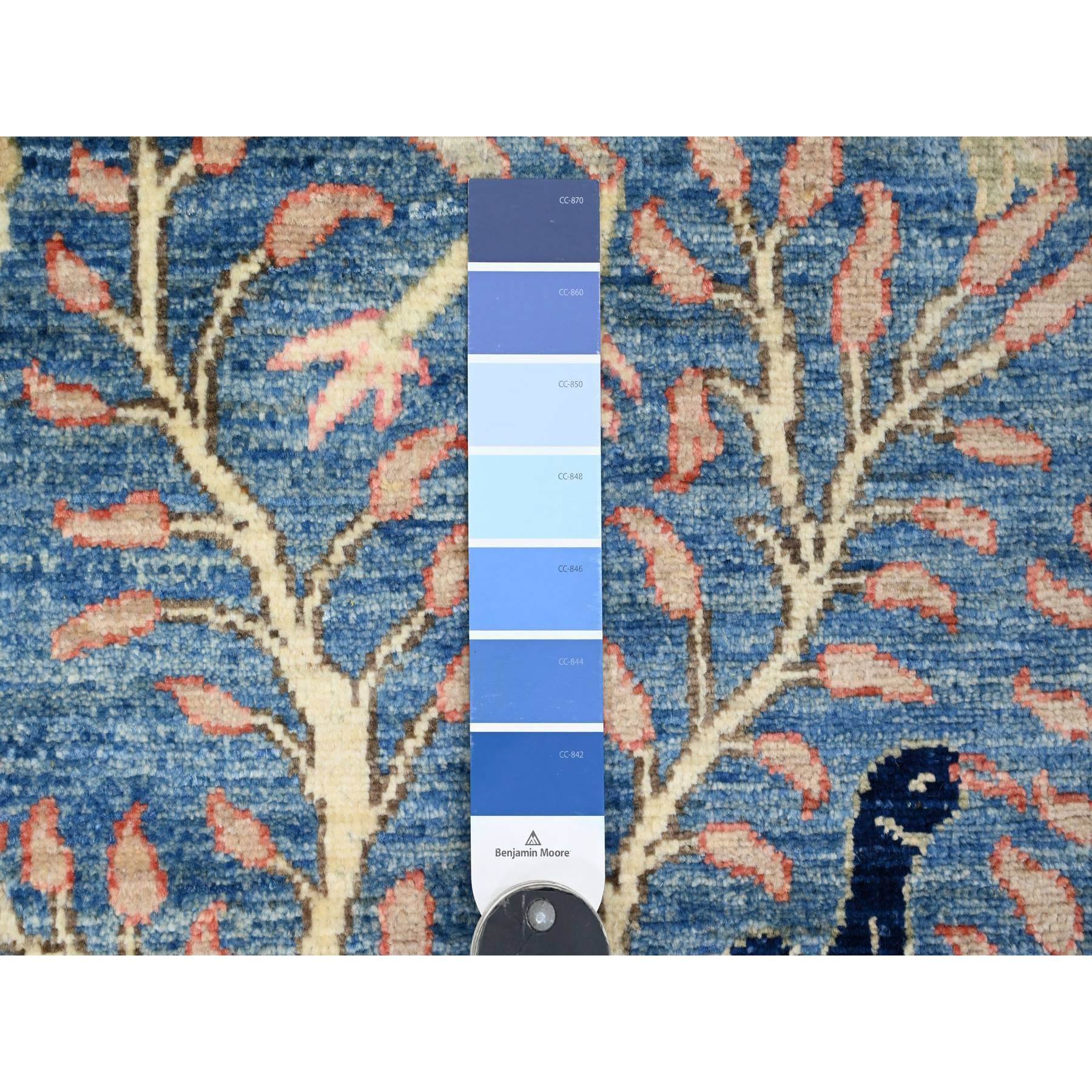 3'1"x21'2" Bayern Blue, Afghan Peshawar with Birds of Paradise Design, Hand Knotted, Soft Wool, Vegetable Dyes, XL Runner, Oriental Rug Sh20642