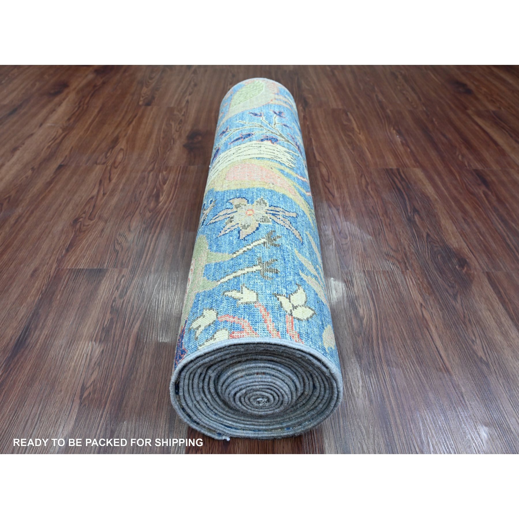 3'1"x21'2" Bayern Blue, Afghan Peshawar with Birds of Paradise Design, Hand Knotted, Soft Wool, Vegetable Dyes, XL Runner, Oriental Rug Sh20642