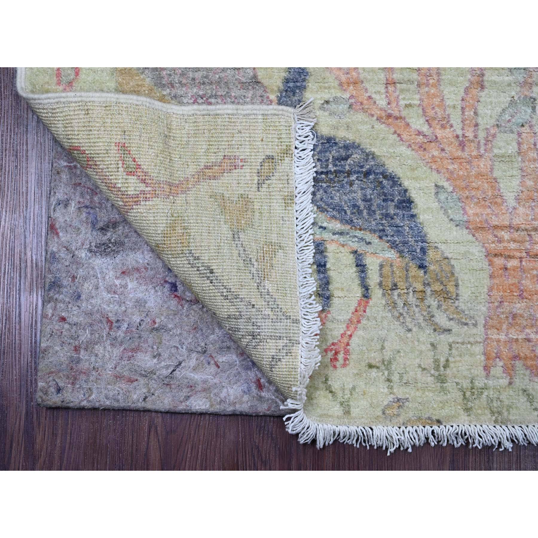 2'6"x9'9" Pistachio Green, Afghan Peshawar with Birds of Paradise Design, Vegetable Dyes, Hand Knotted, Soft Wool, Runner, Oriental Rug Sh20644