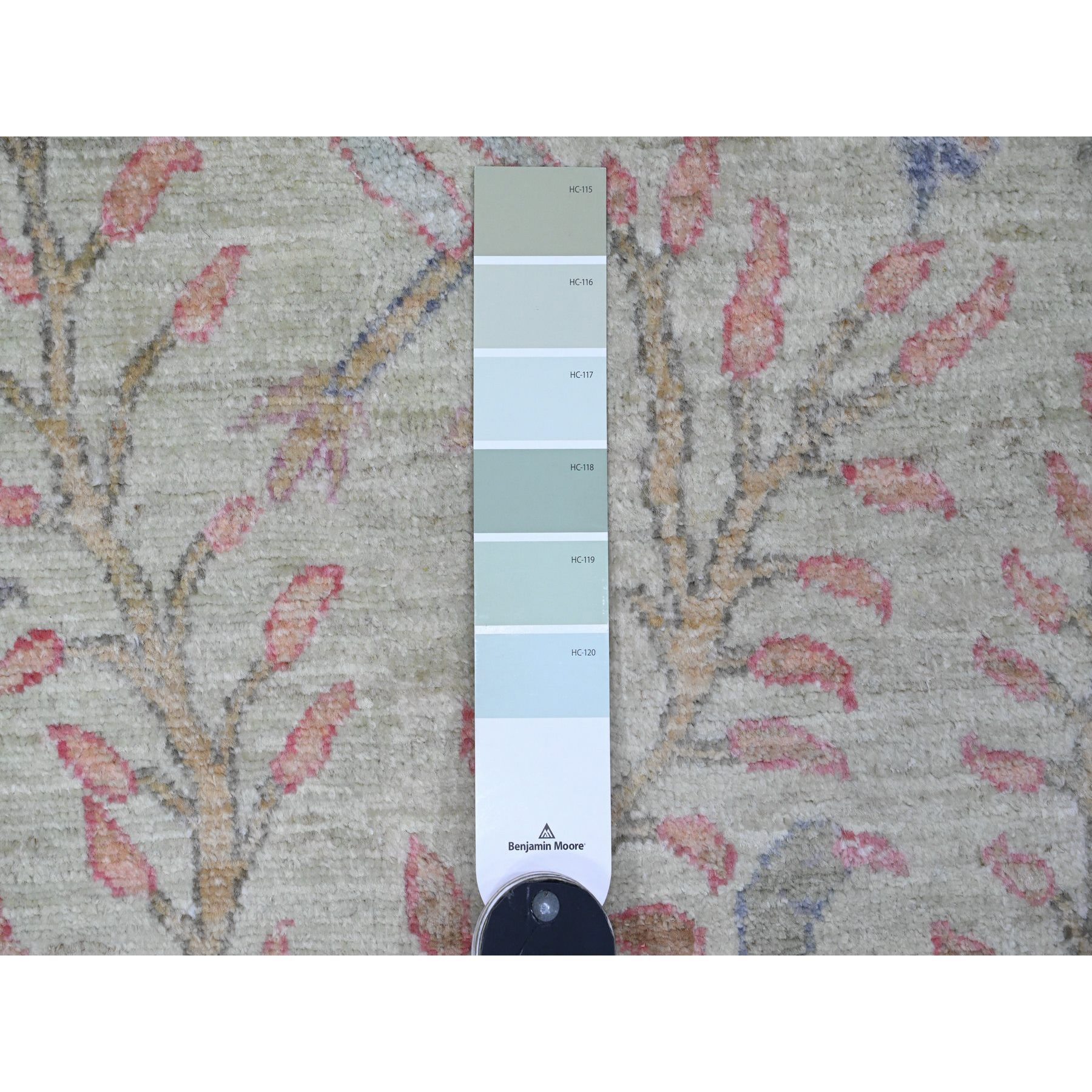 2'6"x9'9" Pistachio Green, Afghan Peshawar with Birds of Paradise Design, Vegetable Dyes, Hand Knotted, Soft Wool, Runner, Oriental Rug Sh20644