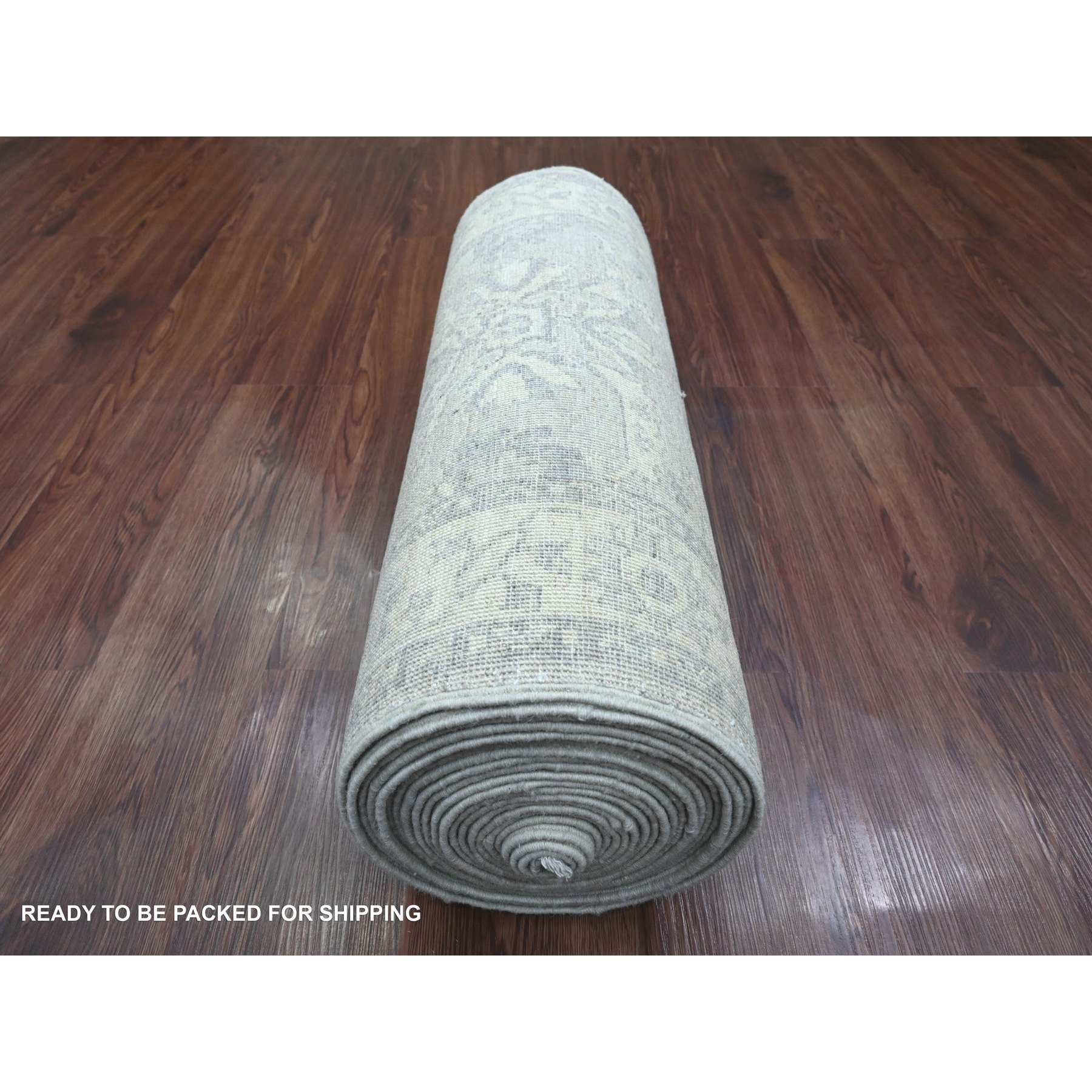 2'4"x29'3" Whisper White, Peshawar with Heriz All Over Design, Densely Woven, High Mountain Wool, Hand Knotted, XL Runner, Oriental Rug Sh20650