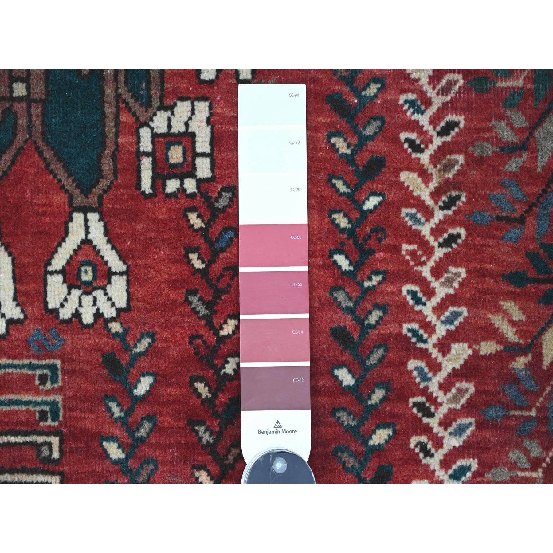 5'9"x9'1" Scarlet Red, Vintage Persian Shiraz with Tribal Design, Good Condition, Clean, Even Wear, Pure Wool, Hand Knotted, Oriental Rug Sh20651
