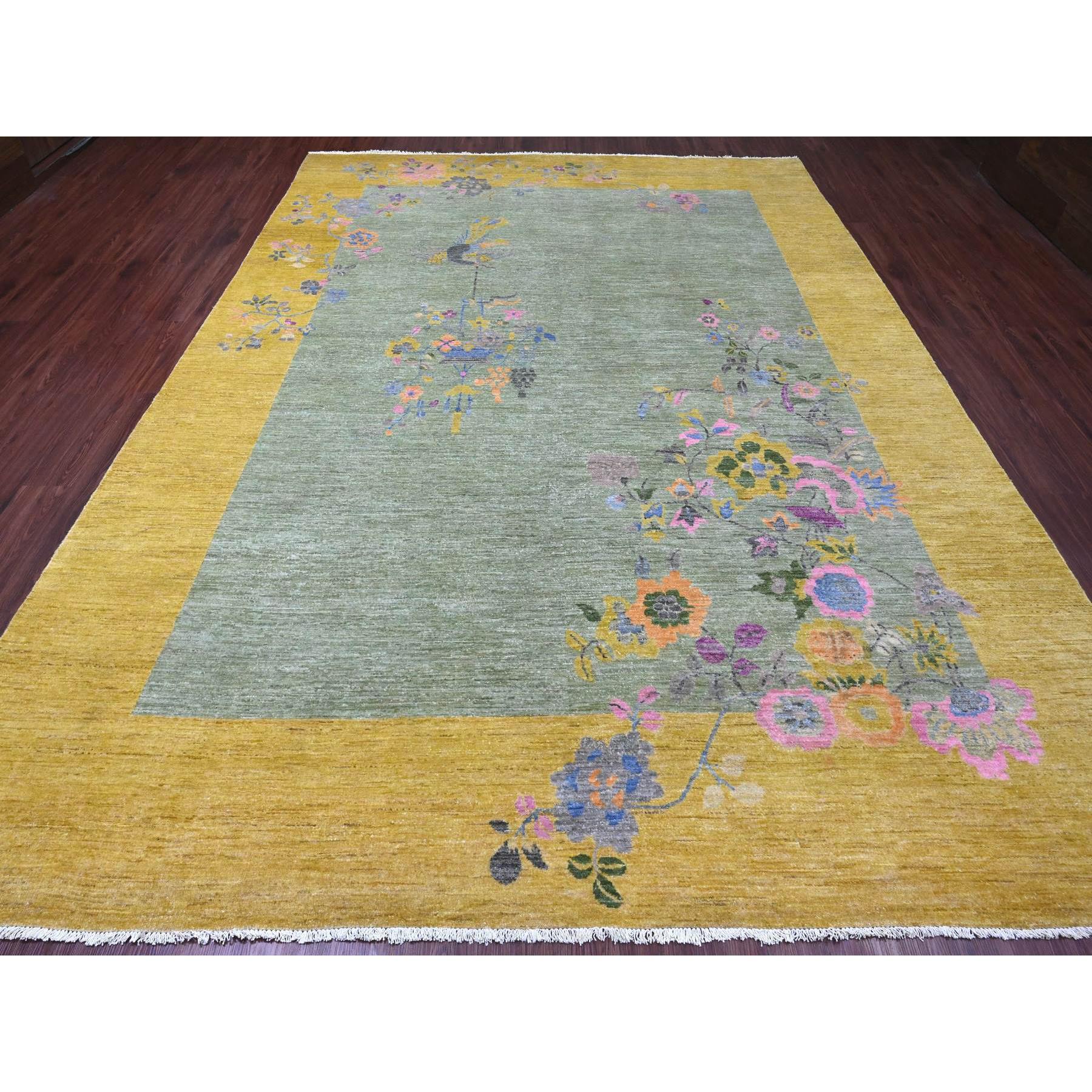 9'1"x12'5" Sage Green, Chinese Art Deco Inspired Peshawar, Hand Knotted, Natural Dyes, 100% Wool, Oriental Rug Sh20655