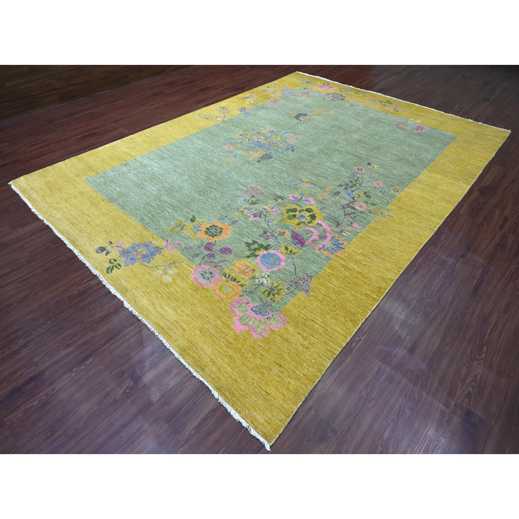 9'1"x12'5" Sage Green, Chinese Art Deco Inspired Peshawar, Hand Knotted, Natural Dyes, 100% Wool, Oriental Rug Sh20655