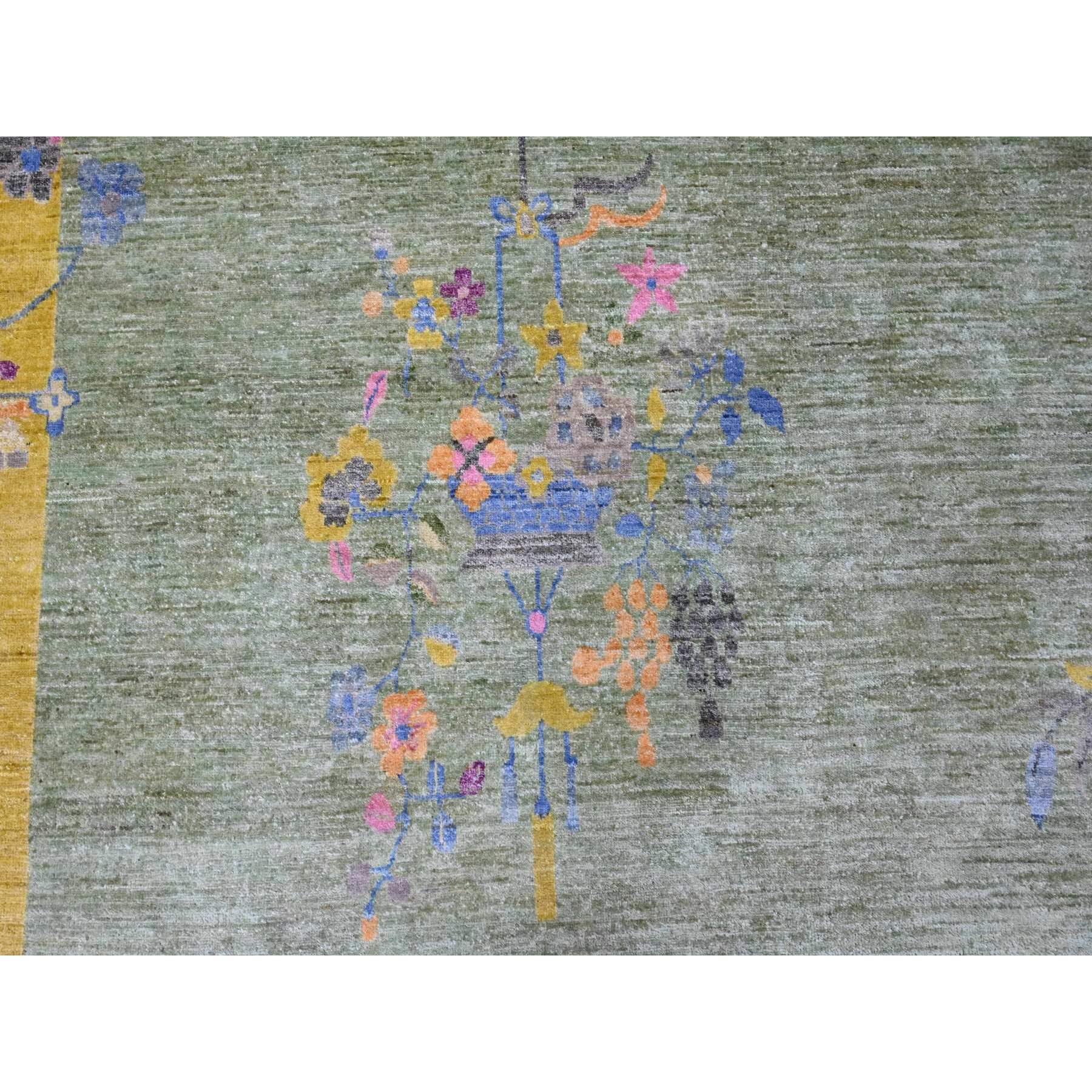 9'1"x12'5" Sage Green, Chinese Art Deco Inspired Peshawar, Hand Knotted, Natural Dyes, 100% Wool, Oriental Rug Sh20655