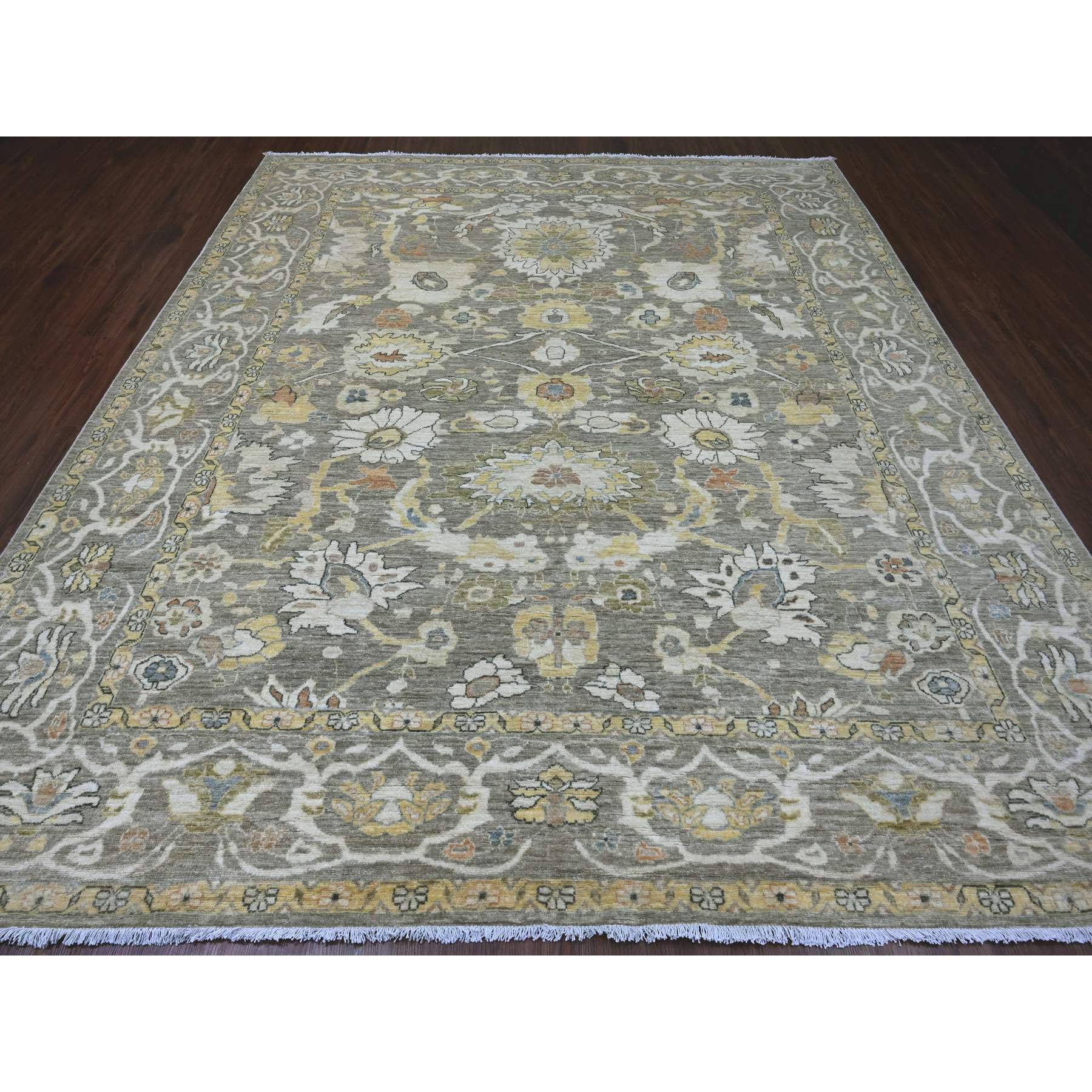 9'4"x10'9" Khaki Brown with Touches of Gold, Peshawar with Ziegler Mahal All Over Design, High Mountain Wool, Vegetable Dyes, Hand Knotted, Squarish, Oriental Rug Sh20657