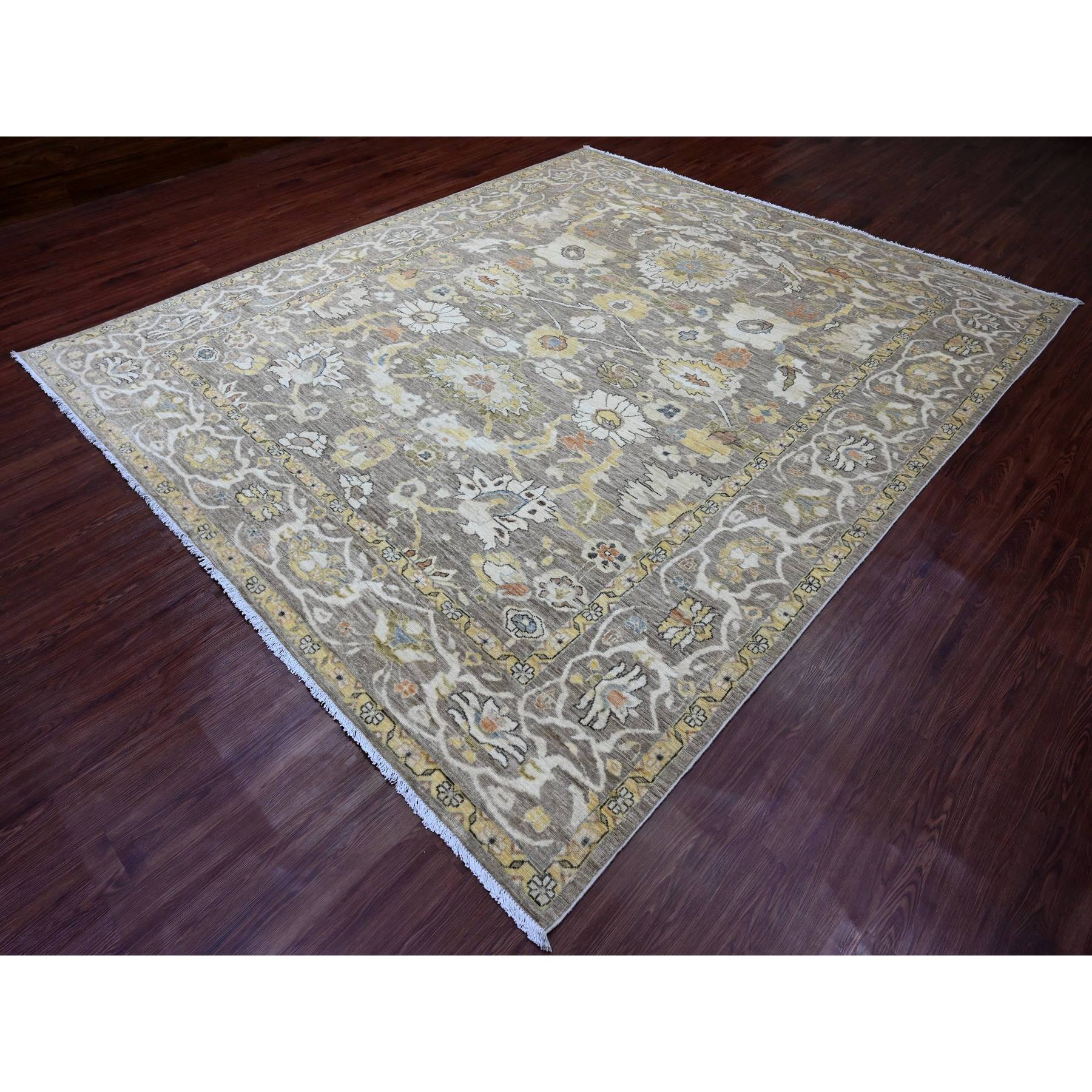 9'4"x10'9" Khaki Brown with Touches of Gold, Peshawar with Ziegler Mahal All Over Design, High Mountain Wool, Vegetable Dyes, Hand Knotted, Squarish, Oriental Rug Sh20657
