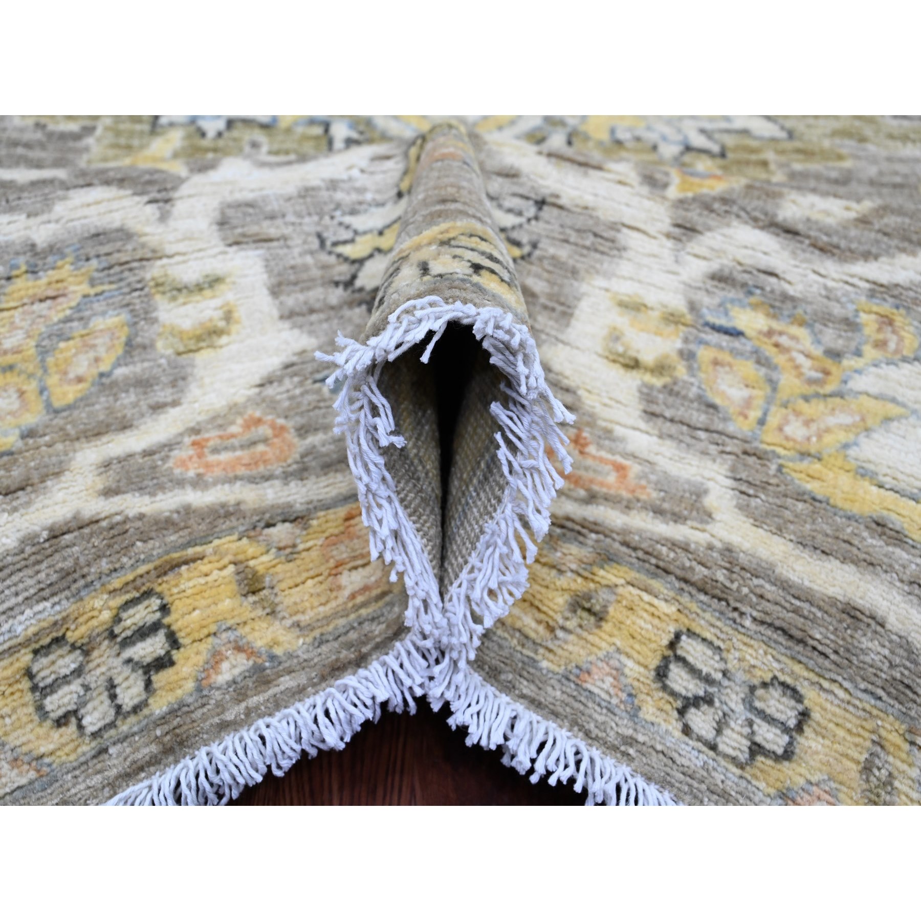 9'4"x10'9" Khaki Brown with Touches of Gold, Peshawar with Ziegler Mahal All Over Design, High Mountain Wool, Vegetable Dyes, Hand Knotted, Squarish, Oriental Rug Sh20657