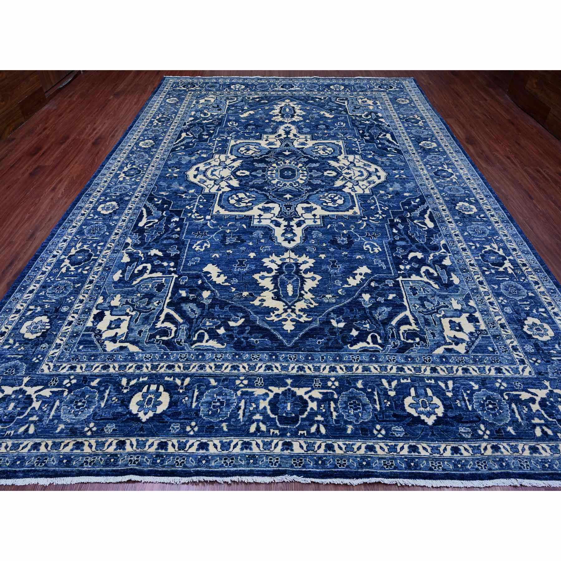 10'x13'10" Denim Blue, Peshawar Serapi Heriz Revival, High Mountain Ghazni Wool, Hand Knotted, Soft Pile, Denser Weave, Oriental Rug Sh20658