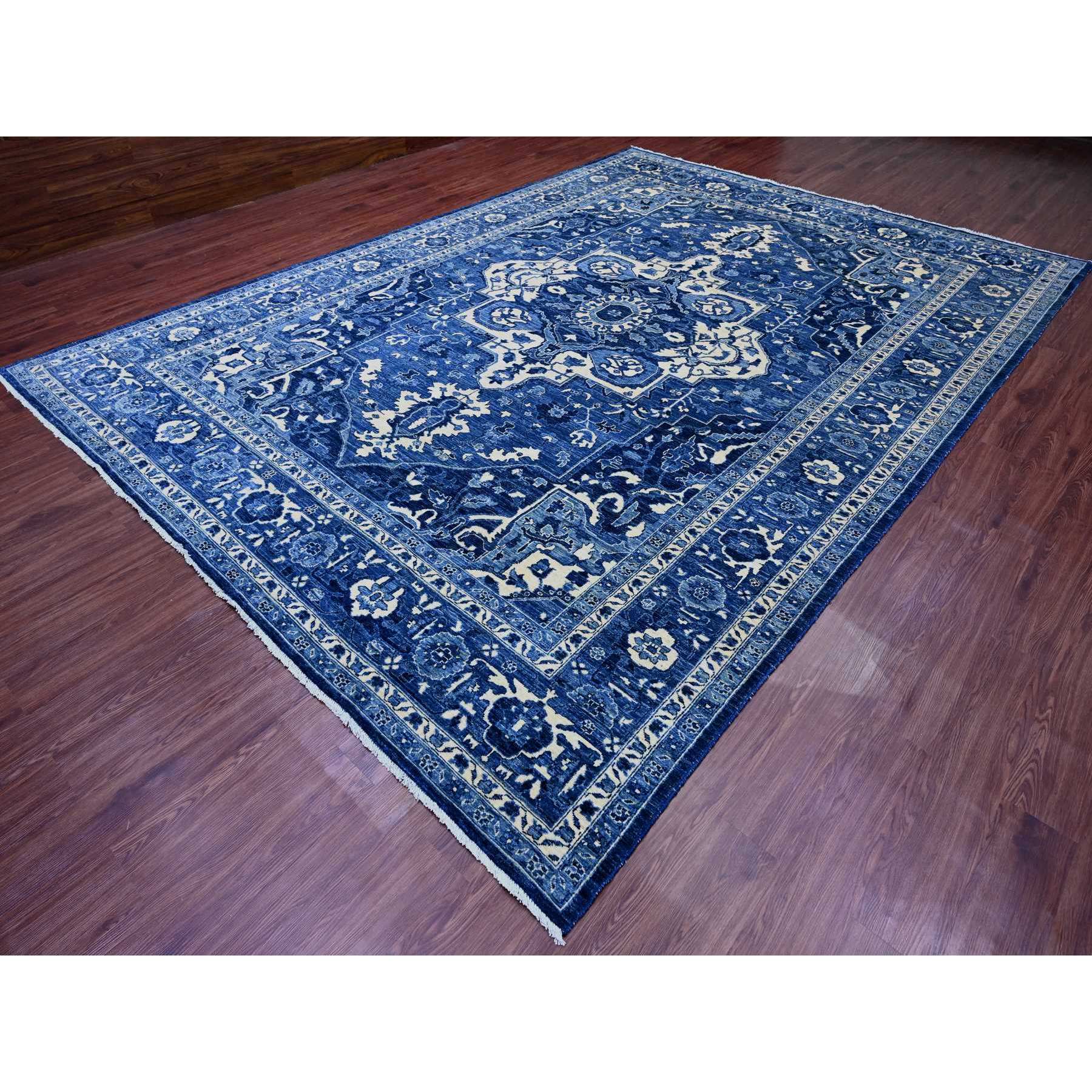 10'x13'10" Denim Blue, Peshawar Serapi Heriz Revival, High Mountain Ghazni Wool, Hand Knotted, Soft Pile, Denser Weave, Oriental Rug Sh20658