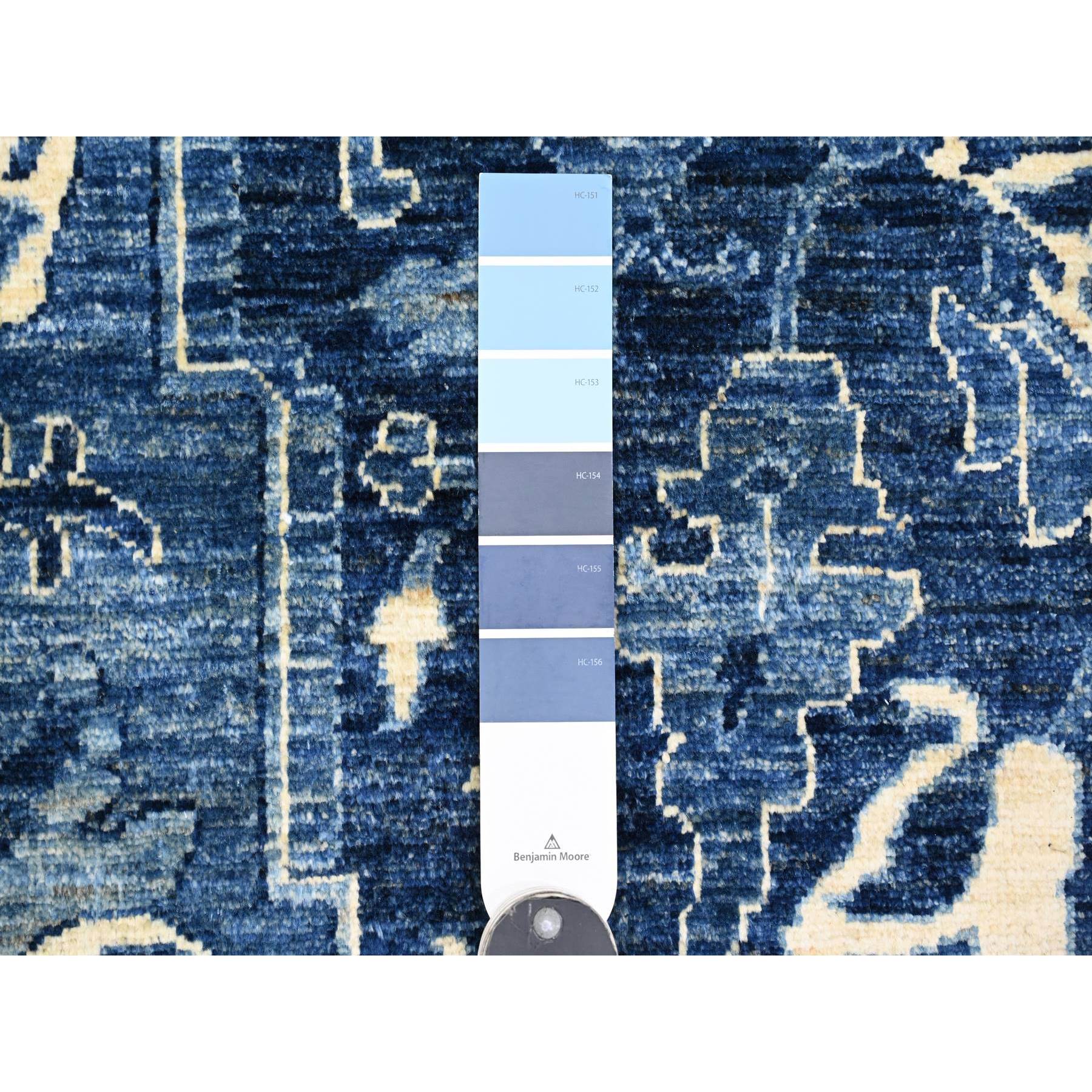 10'x13'10" Denim Blue, Peshawar Serapi Heriz Revival, High Mountain Ghazni Wool, Hand Knotted, Soft Pile, Denser Weave, Oriental Rug Sh20658