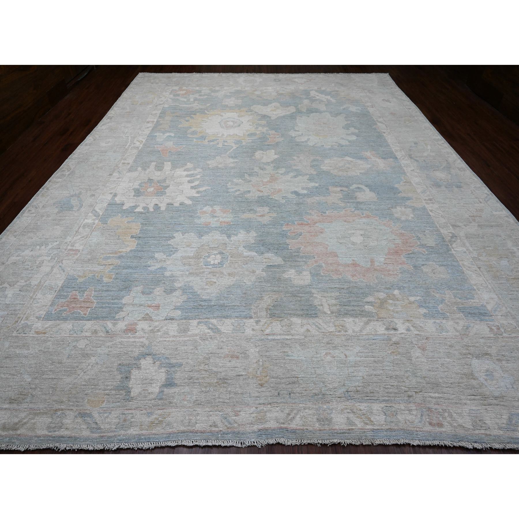 11'5"x14'7" Mineral Blue, Hand Knotted, Afghan Angora Oushak with Muted Colors Leaf Design, Vegetable Dyes, 100% Wool, Oversized, Oriental Rug Sh20659