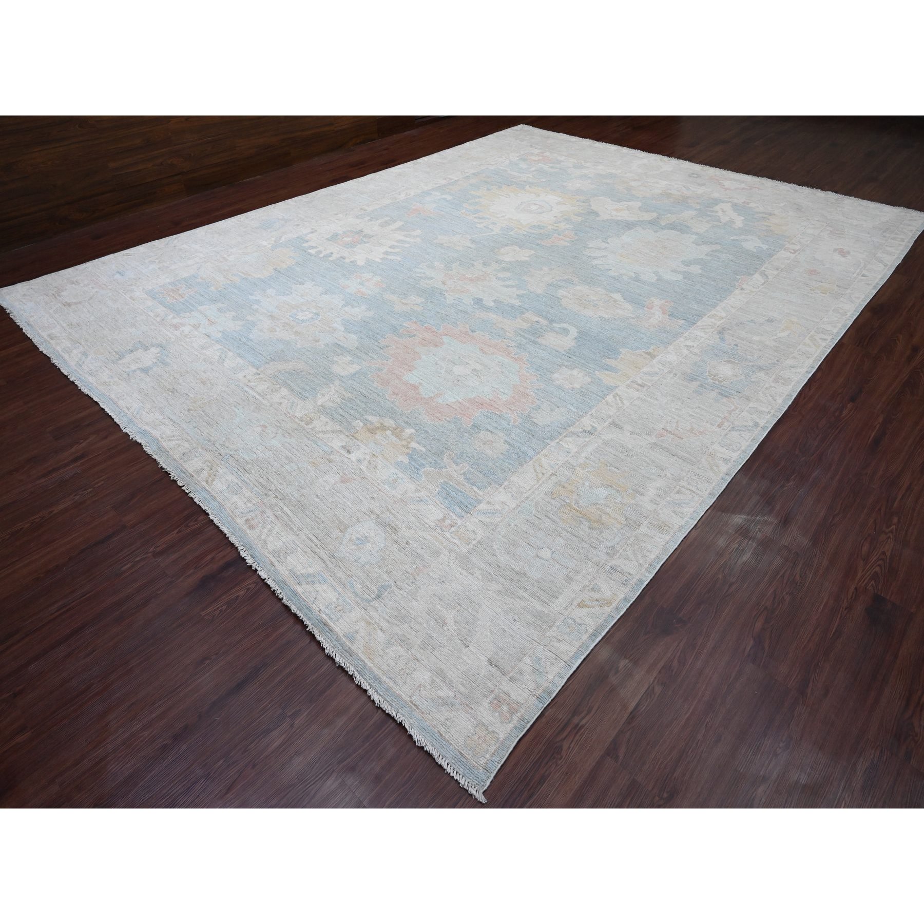 11'5"x14'7" Mineral Blue, Hand Knotted, Afghan Angora Oushak with Muted Colors Leaf Design, Vegetable Dyes, 100% Wool, Oversized, Oriental Rug Sh20659